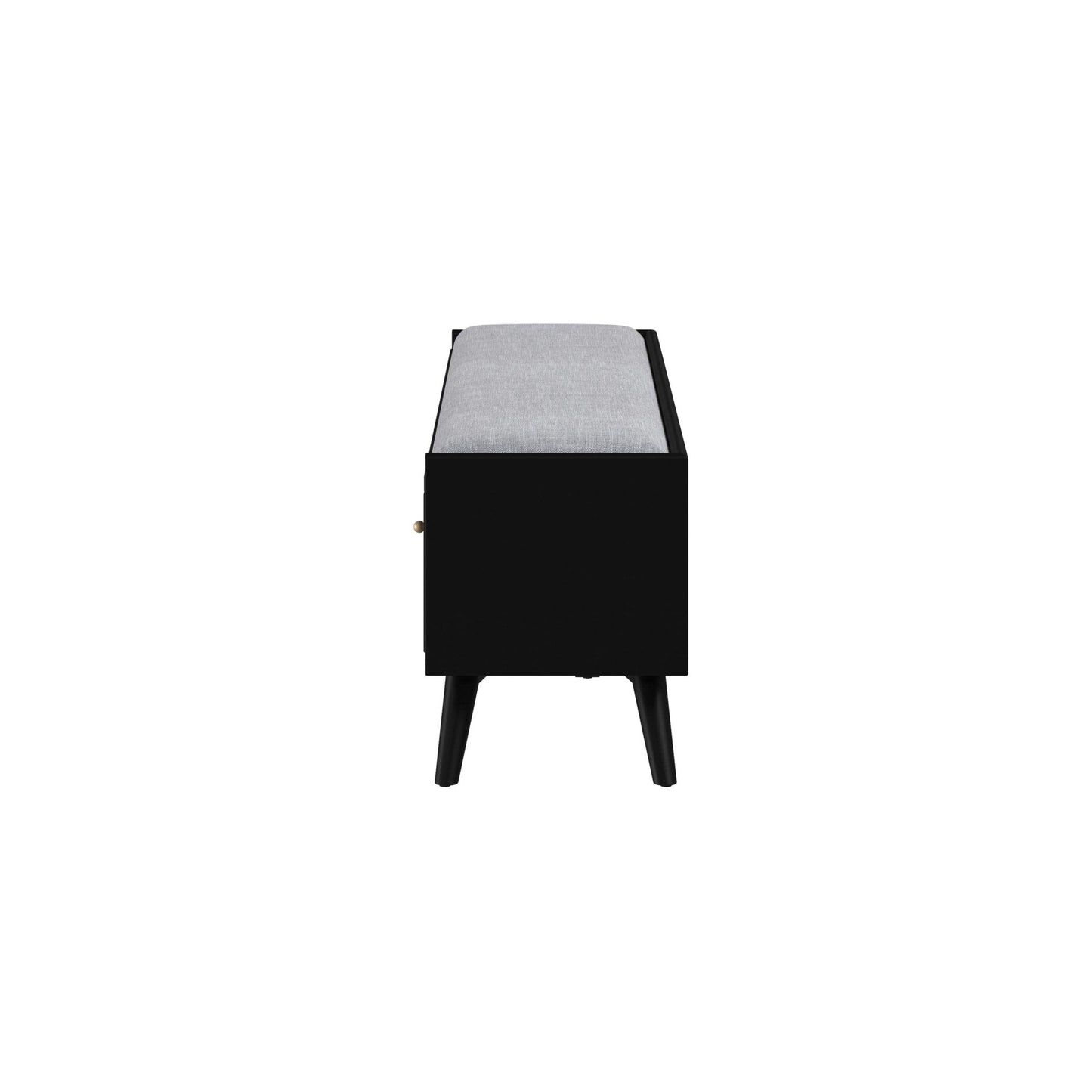 Flynn Bench in black with gray cushion, showcasing Mid-Century Modern design and sturdy construction.