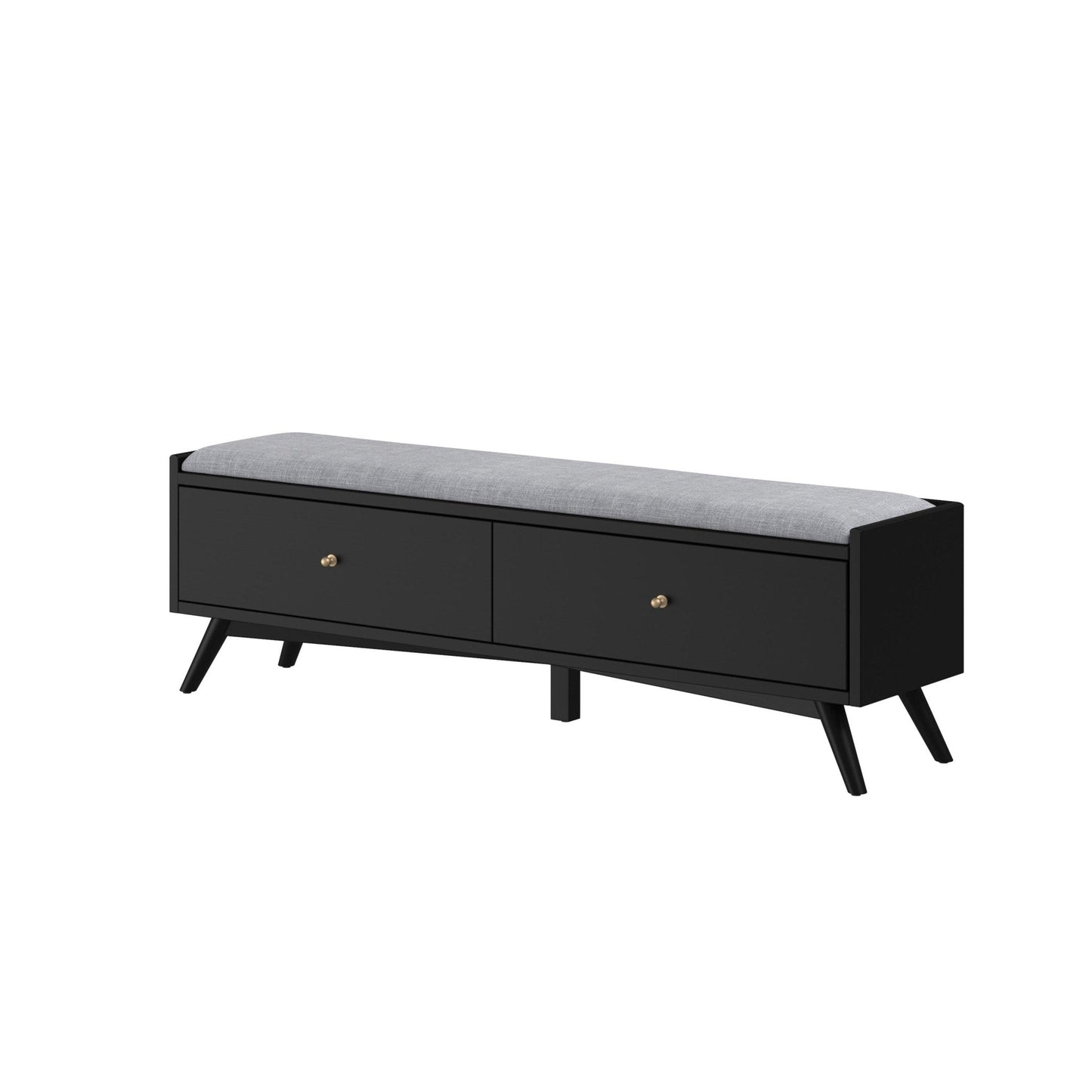 Flynn Bench in black with gray cushion, offering stylish seating and storage solution.