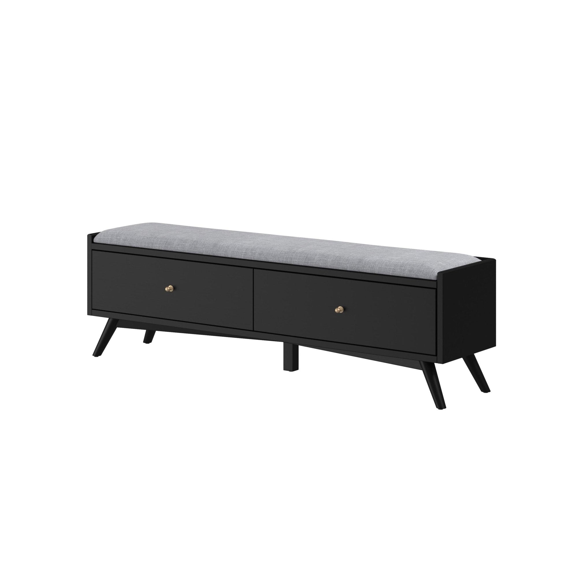 Flynn Bench in black with gray cushion, offering stylish seating and storage solution.