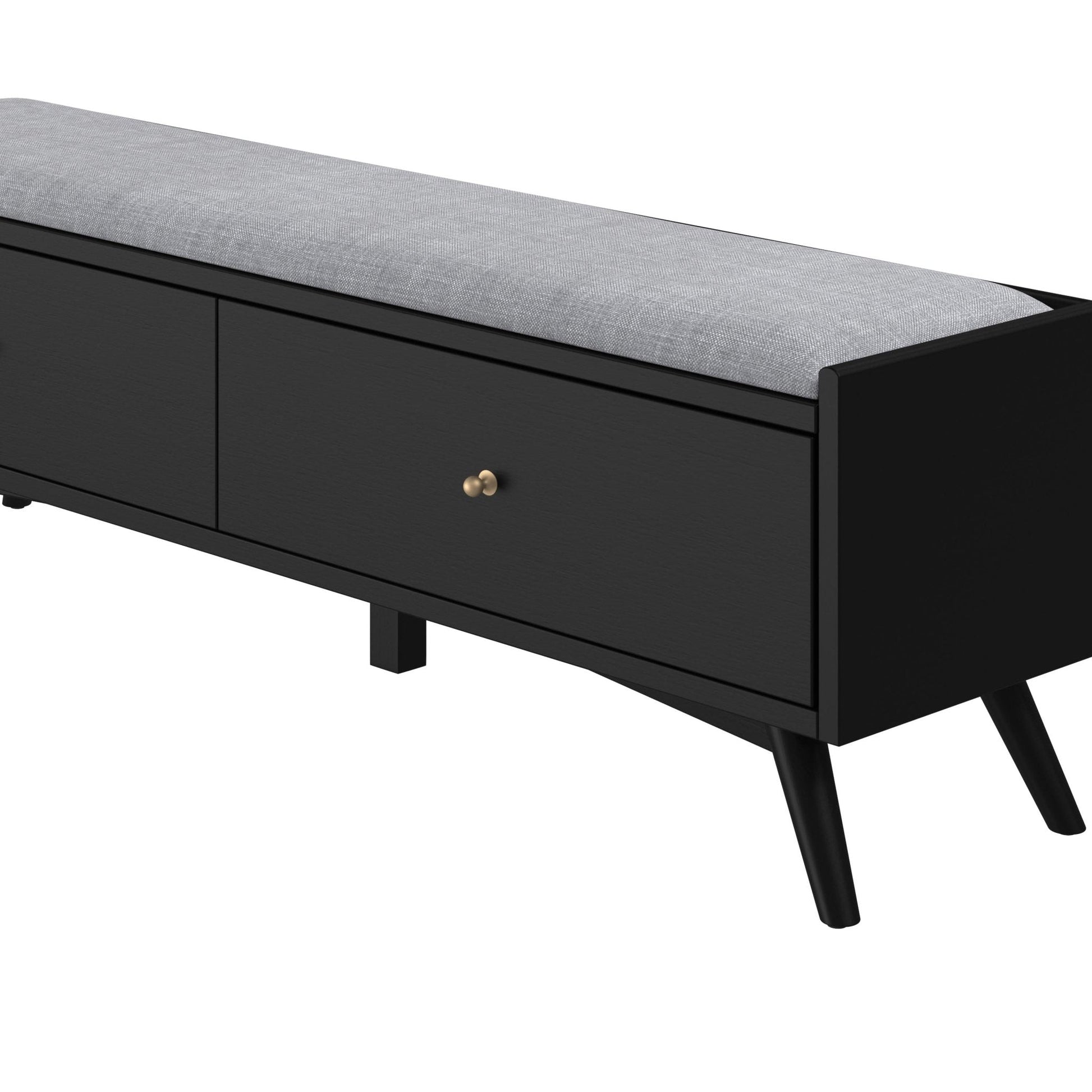 Flynn Bench in black with gray cushion and storage drawers, featuring Mid-Century Modern design.
