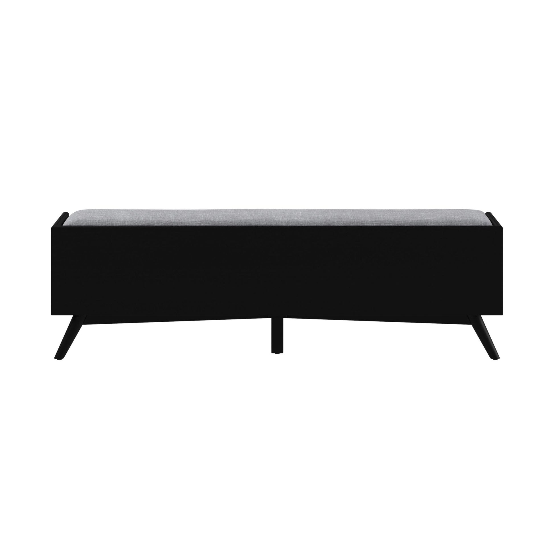 Flynn Bench in black with gray cushion, showcasing Mid-Century Modern design and sturdy construction.
