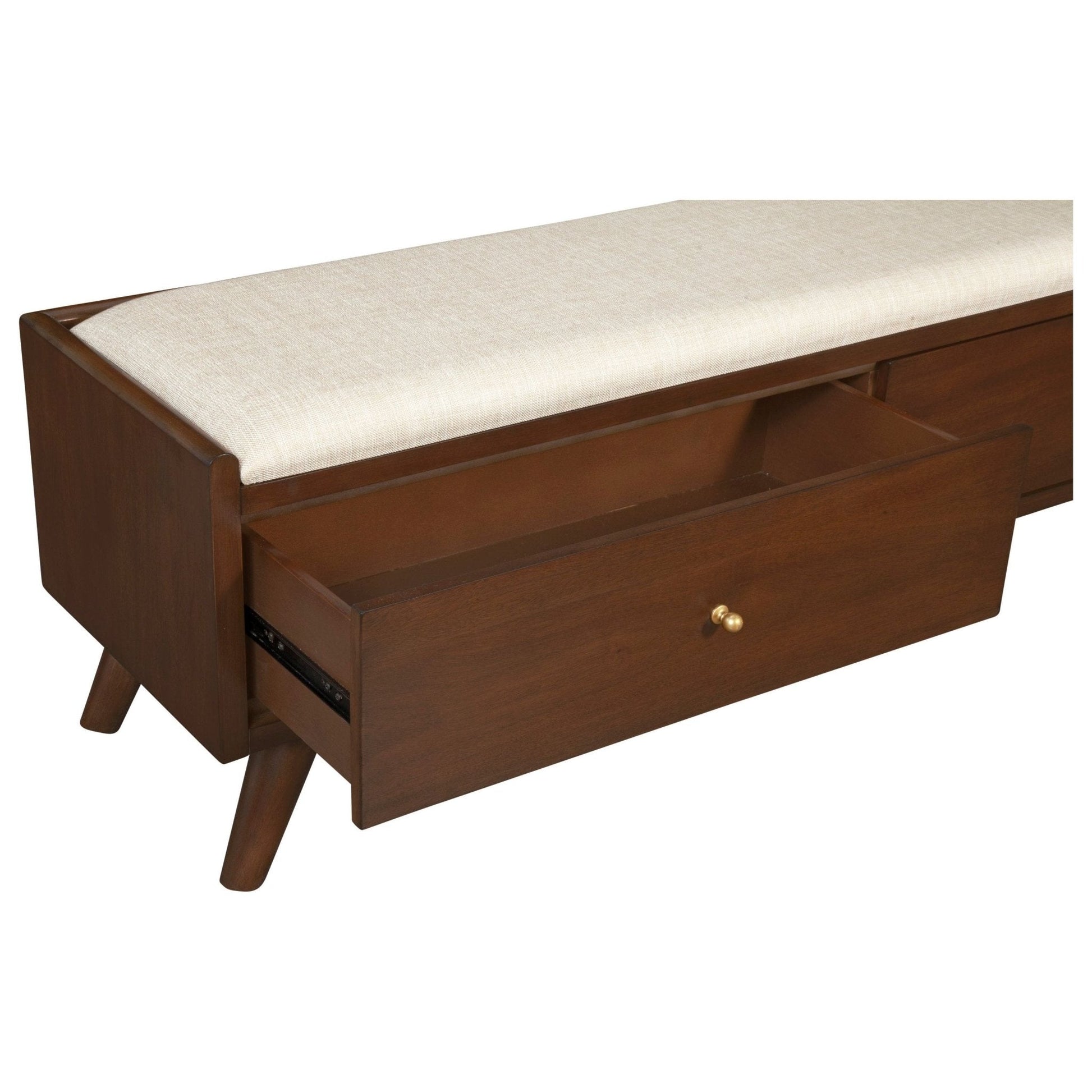 Flynn Bench with storage drawer and upholstered seat in walnut finish, showcasing Mid-Century Modern design.