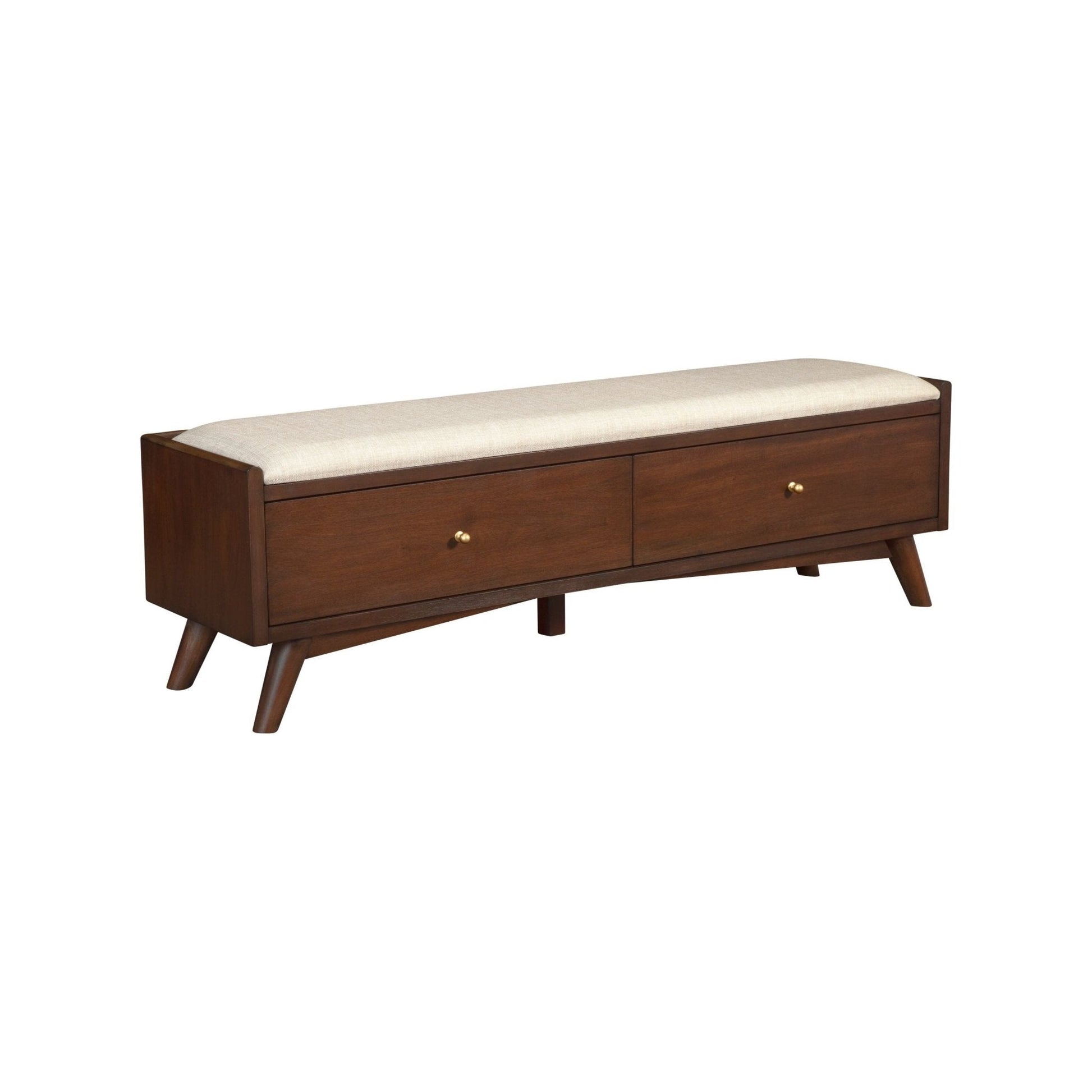 Flynn Bench in walnut finish with plush seating and two storage drawers, featuring Mid-Century Modern design.