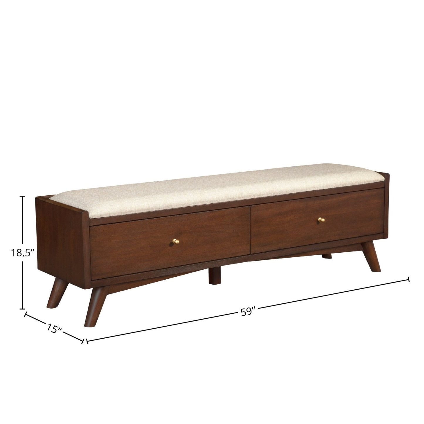 Flynn Bench in Walnut with beige cushion and two storage drawers, showcasing Mid-Century Modern design.