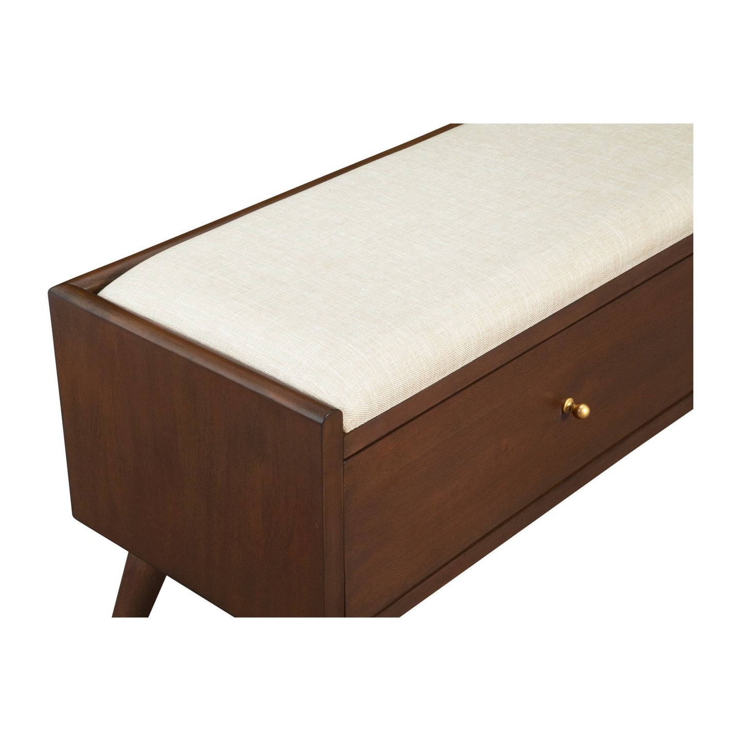 Flynn Bench featuring a walnut frame with a soft beige cushion and storage drawer, perfect for modern interiors.