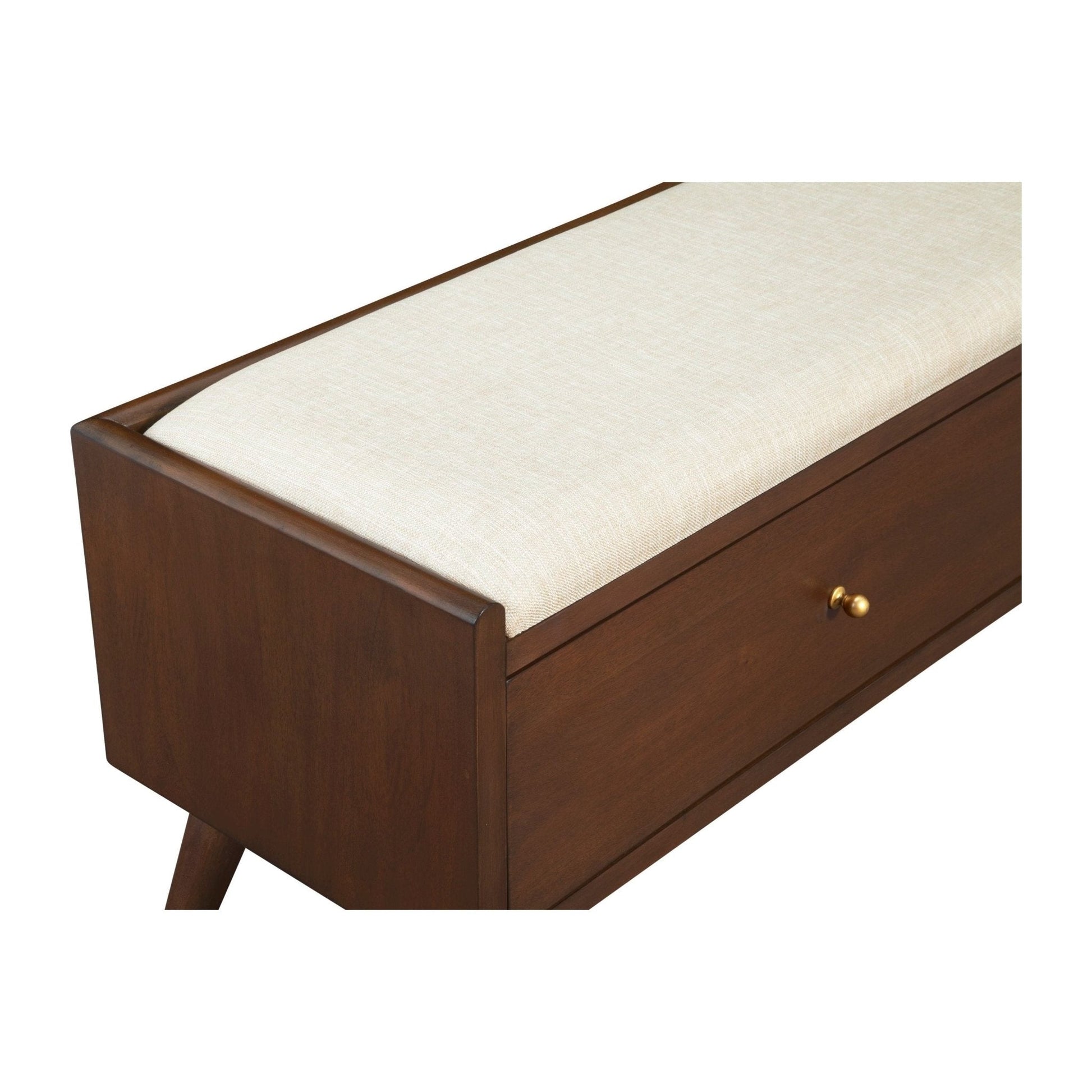 Flynn Bench featuring a walnut frame with a soft beige cushion and storage drawer, perfect for modern interiors.