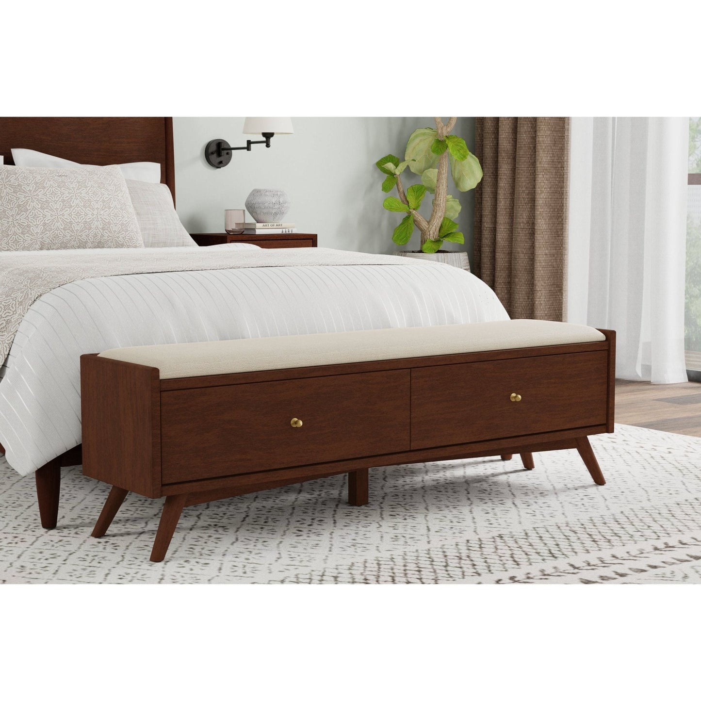 Flynn Bench, Walnut in a bedroom setting with storage drawers and soft upholstery.