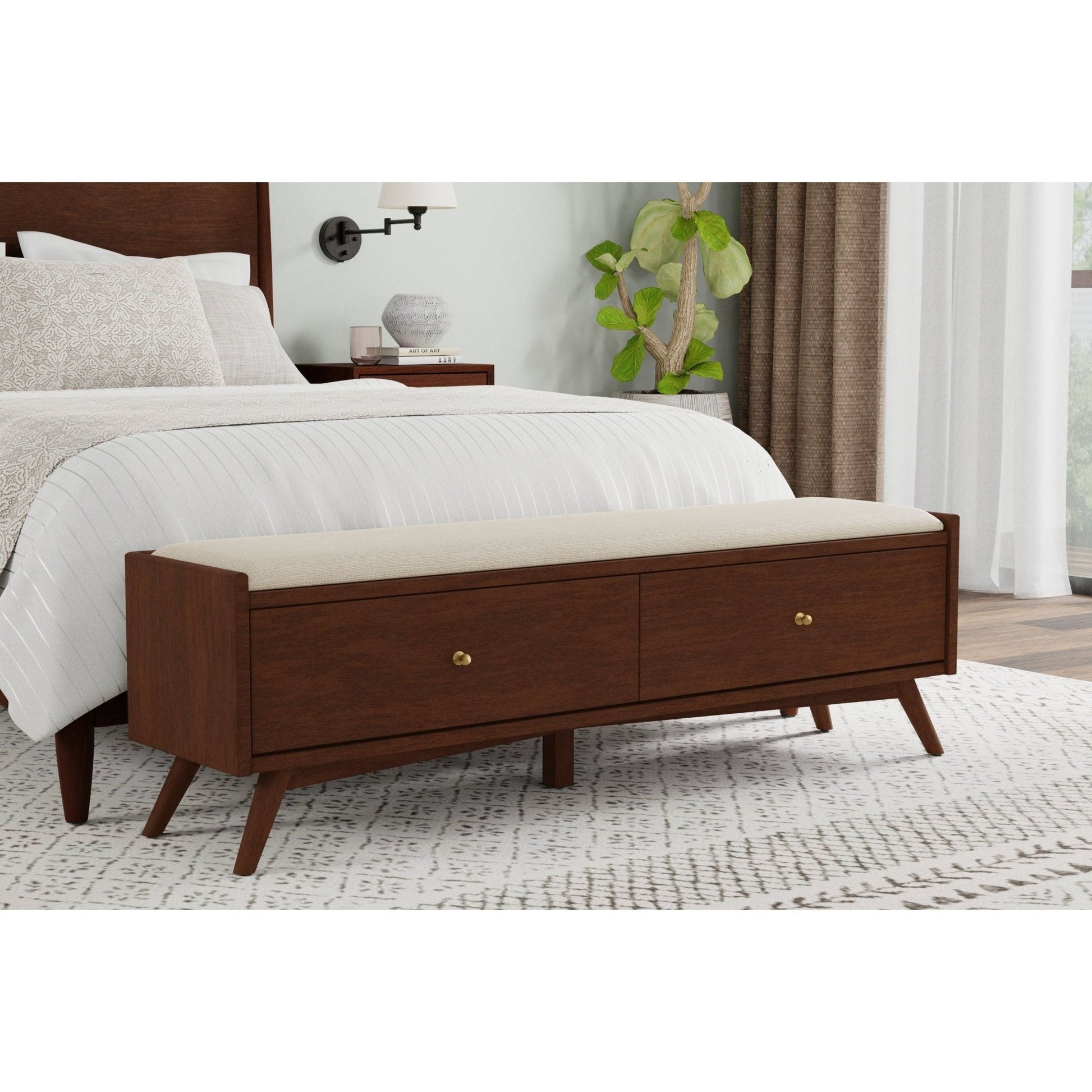 Flynn Bench, Walnut in a bedroom setting with storage drawers and soft upholstery.