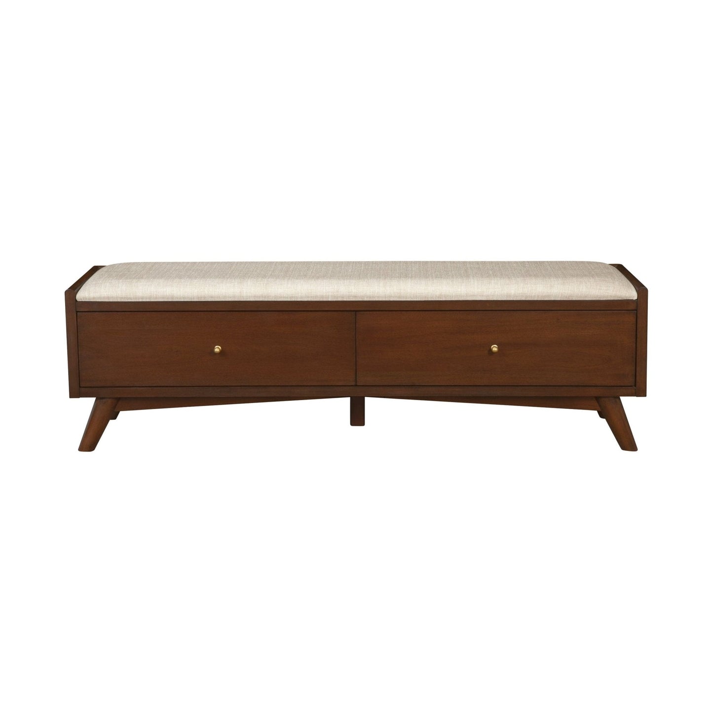 Flynn Bench in walnut finish with cushioned seat and two spacious storage drawers.