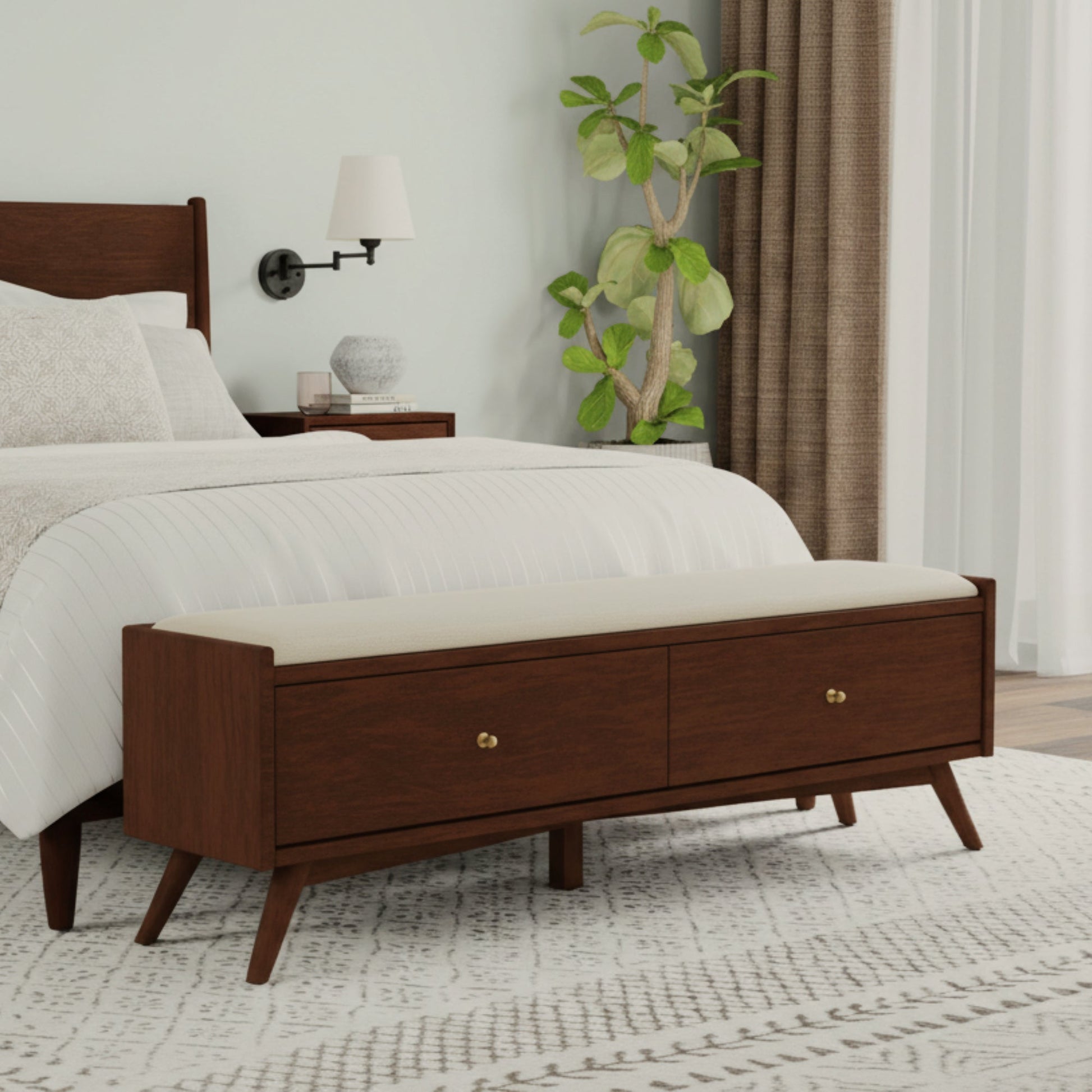 Flynn Bench in walnut finish, featuring soft top and storage drawers, paired with a stylish bedroom setting.