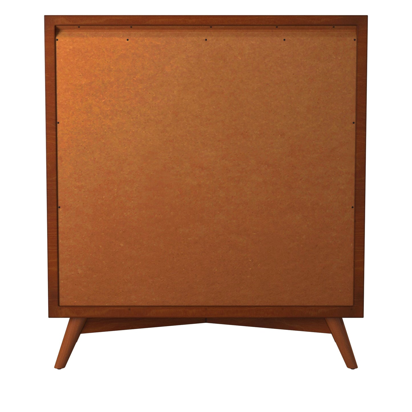 Flynn Chest, Chestnut with a solid Mahogany wood frame and Mid-Century Modern design showcasing the back panel.