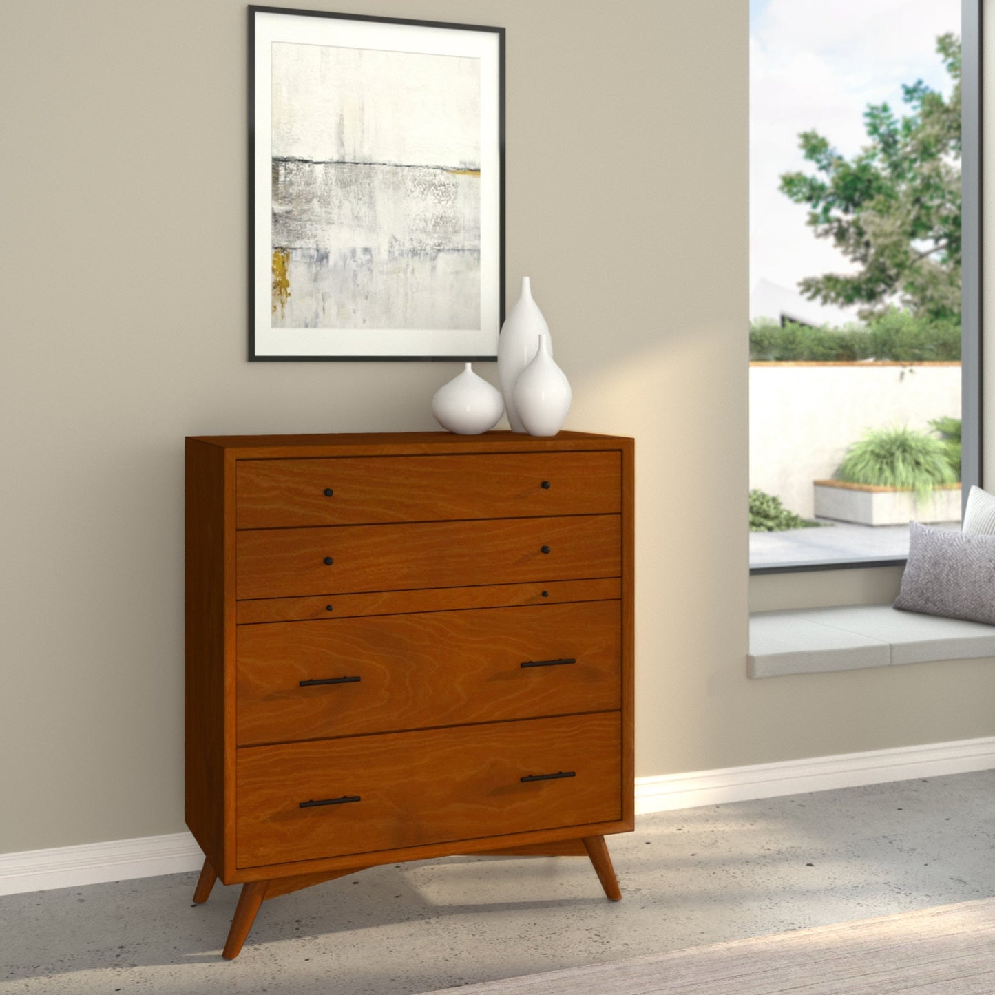 Flynn Chest in Chestnut finish featuring four drawers and a pull-out tray, perfect for modern storage solutions.
