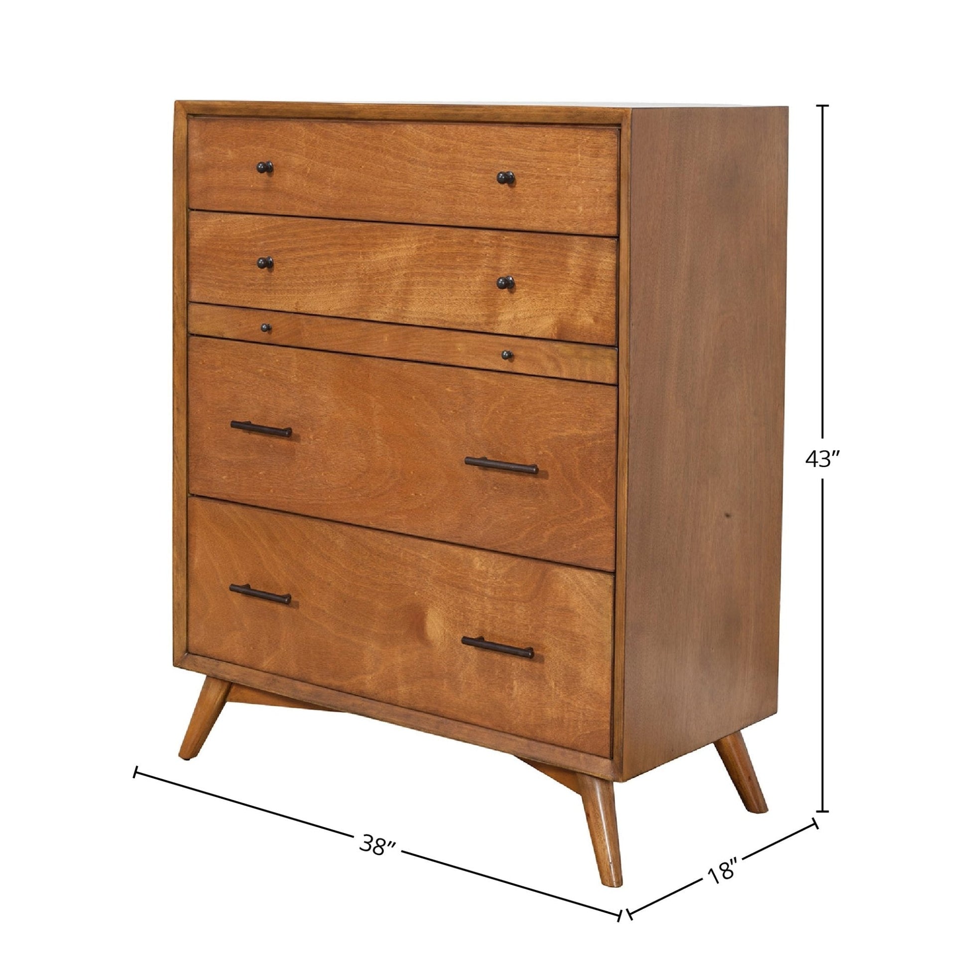 Flynn Chest in Chestnut finish showing 4 drawers and pull out tray, featuring Mid-Century Modern design and dimensions.