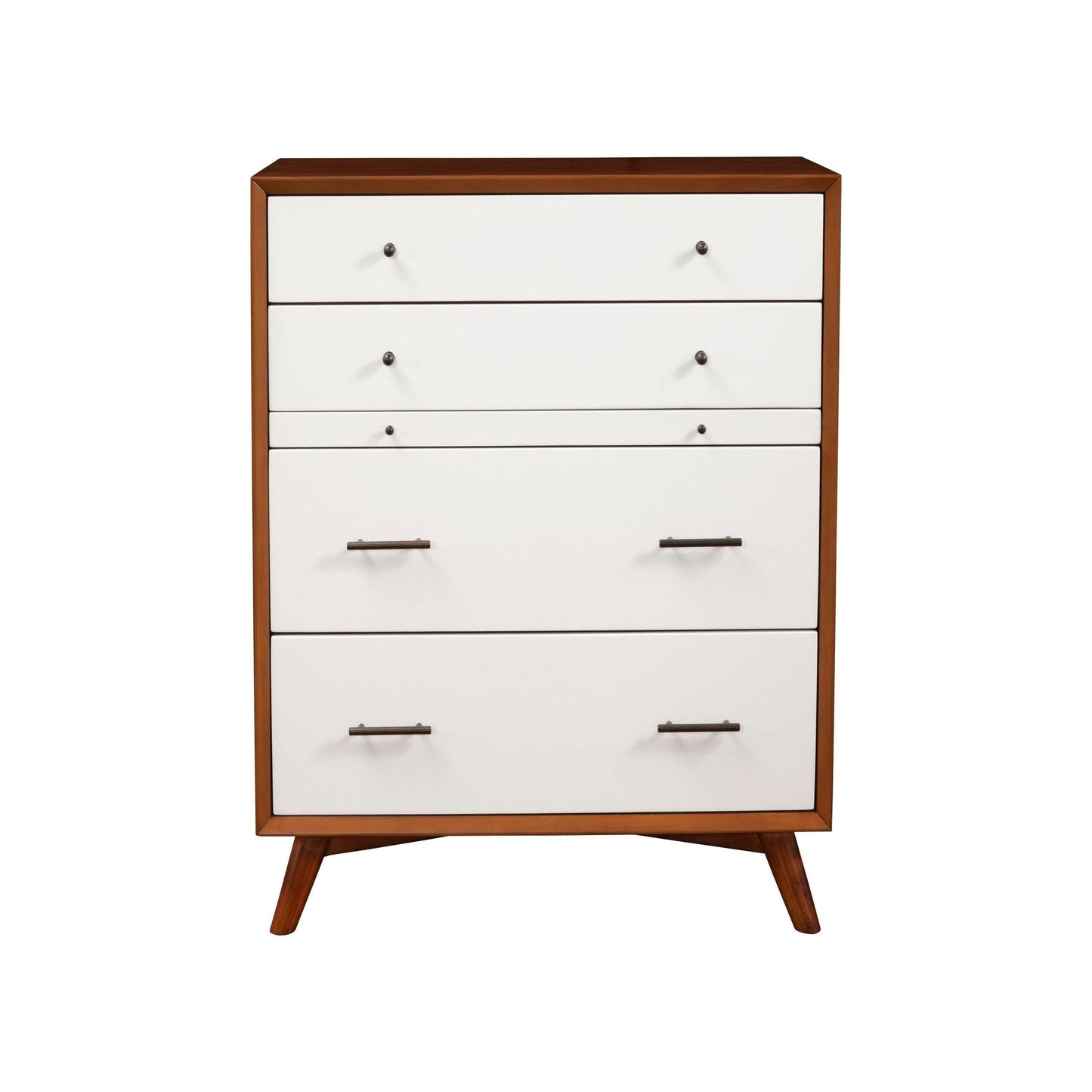 Flynn Chest in Chestnut and White with four drawers and a pull-out shelf.