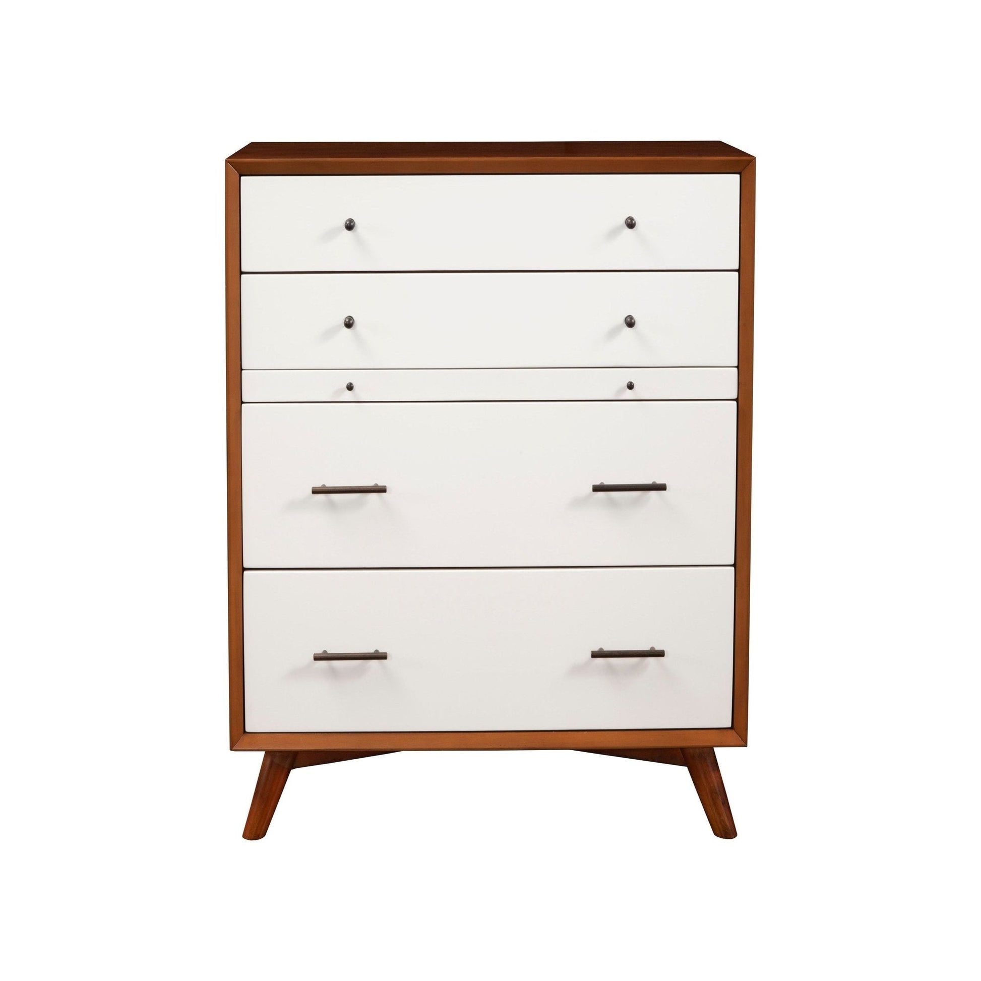 Flynn Chest in Chestnut and White with four drawers and a pull-out shelf.