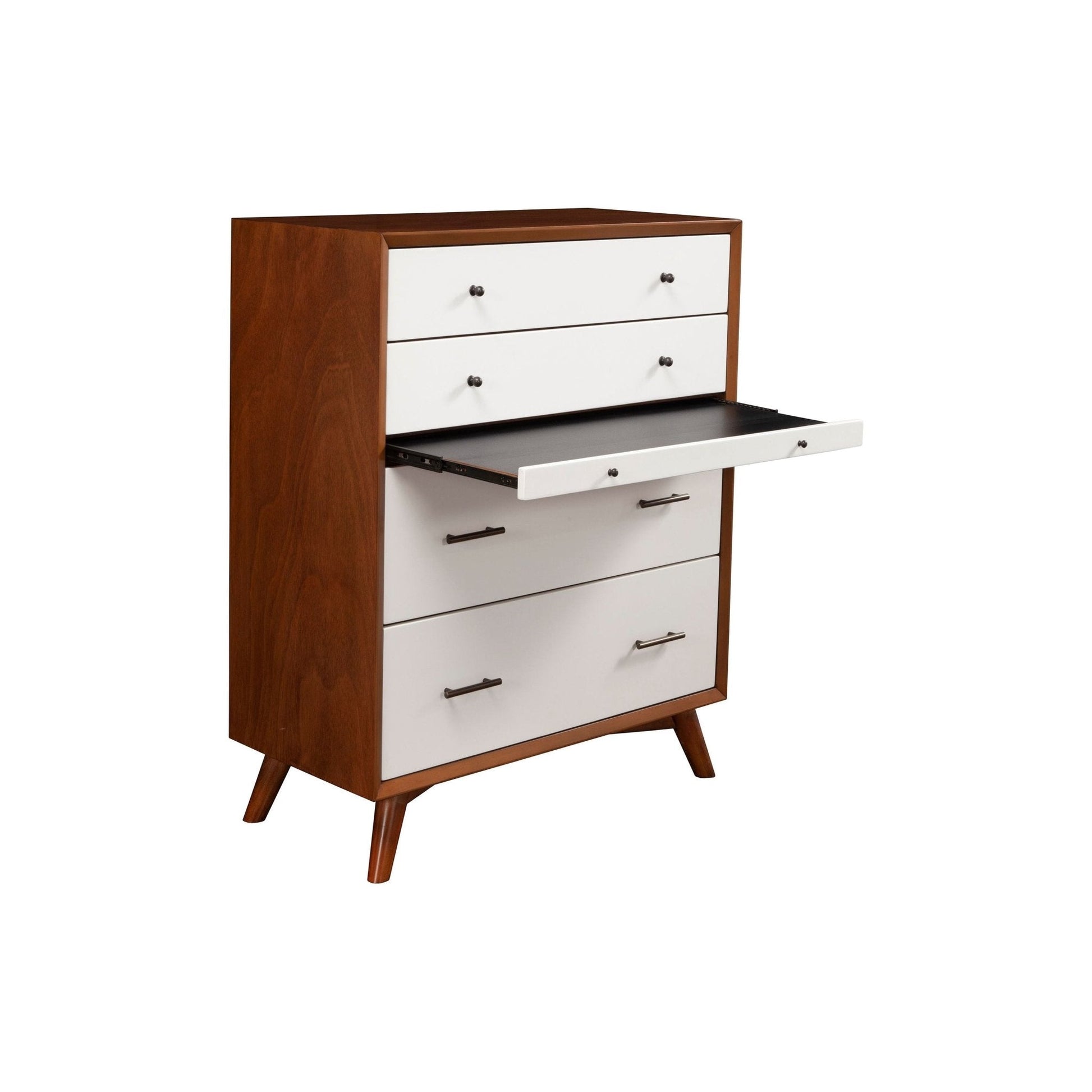 Flynn Chest in Chestnut and White showcasing four drawers and a pull-out shelf, perfect for mid-century modern decor.
