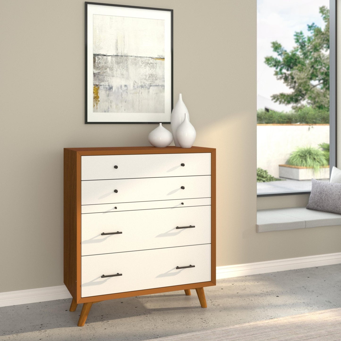 Flynn Chest in chestnut and white featuring four drawers and a pull-out shelf in a modern interior setting.