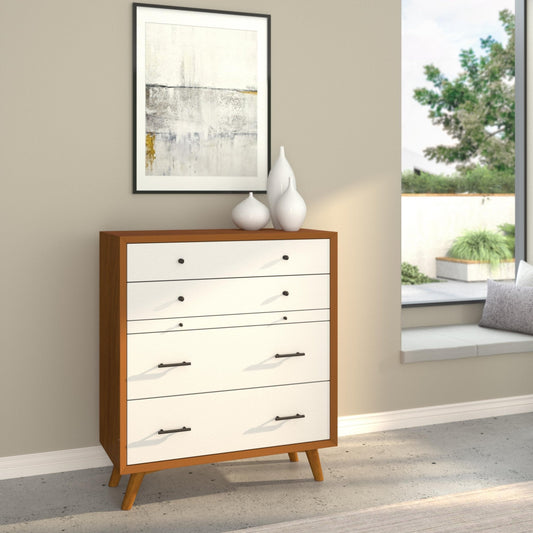 Flynn Chest in chestnut and white featuring four drawers and a pull-out shelf in a modern interior setting.