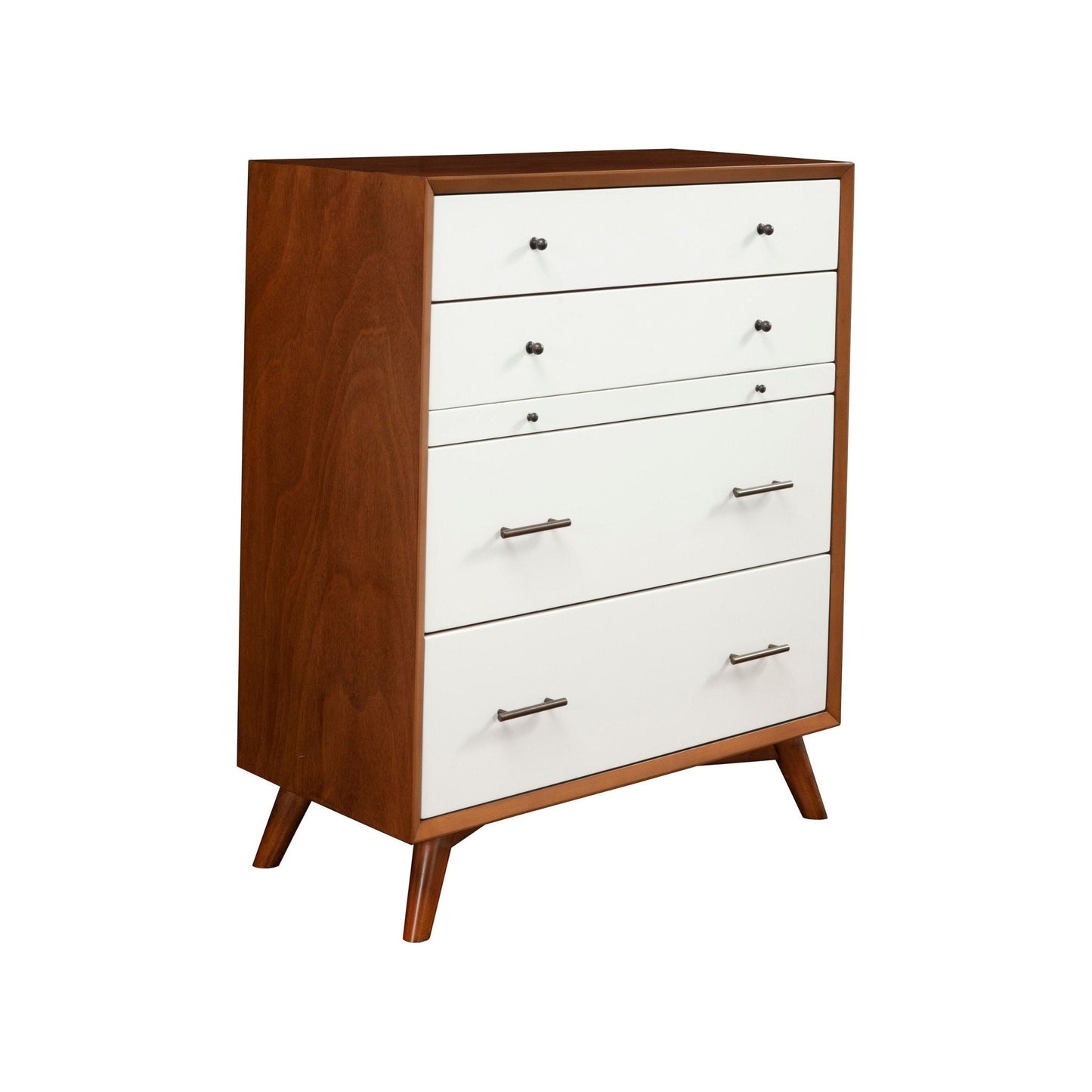 Flynn Chest in Chestnut and White showcasing Mid-Century Modern design with four drawers and pull-out shelf.