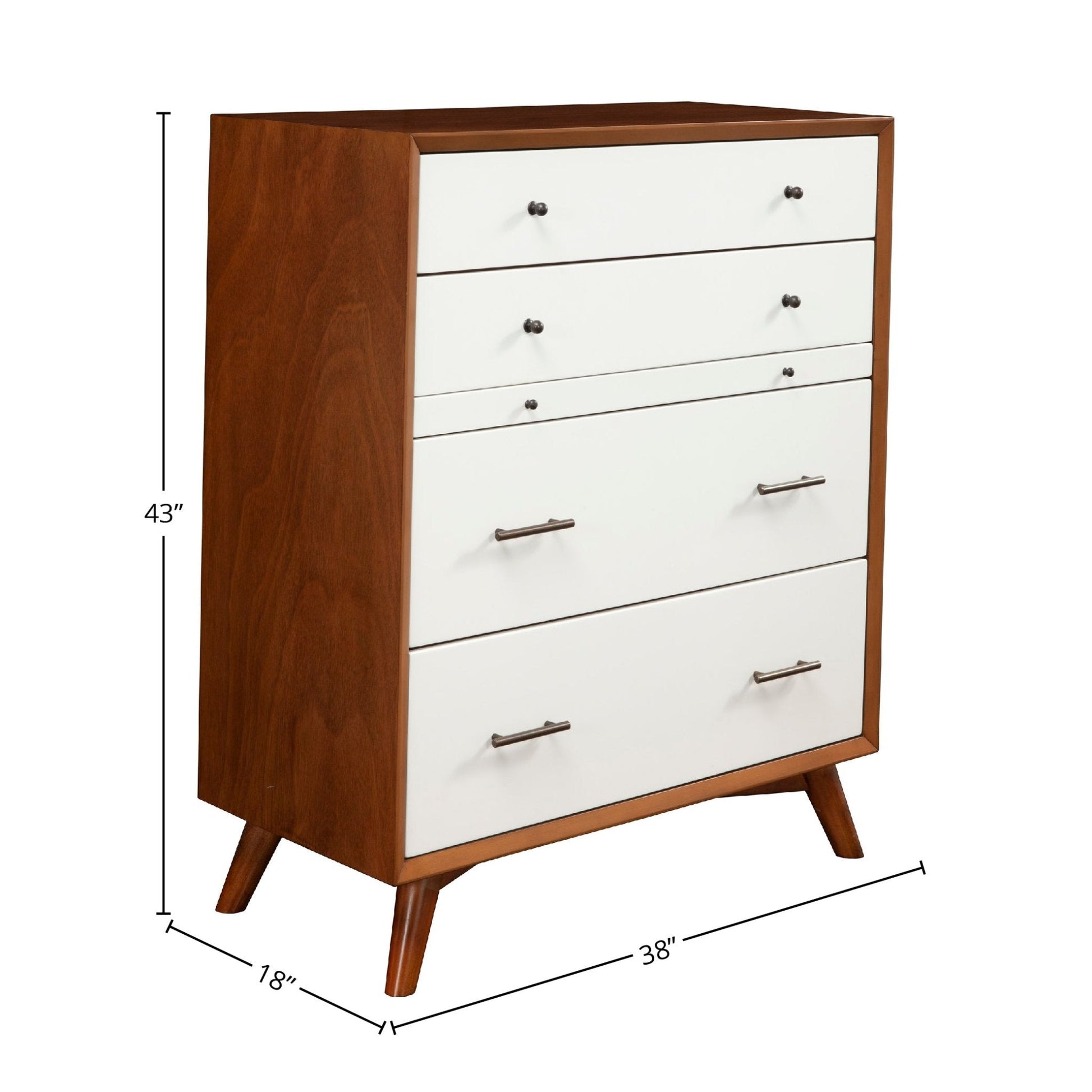Flynn Chest in Chestnut and White with 4 drawers and pull-out shelf, Mid-Century Modern design