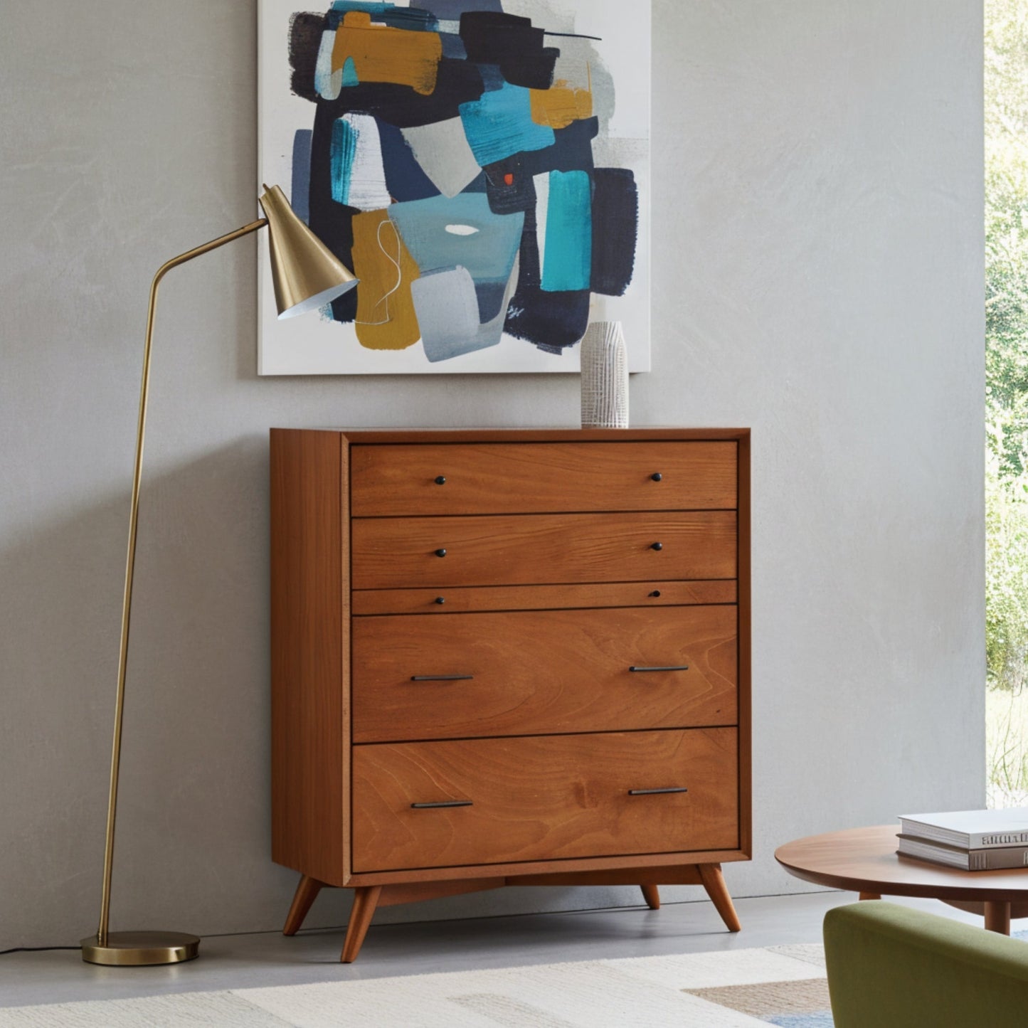 Flynn Chest in Chestnut finish with four drawers and modern design, ideal for stylish storage.