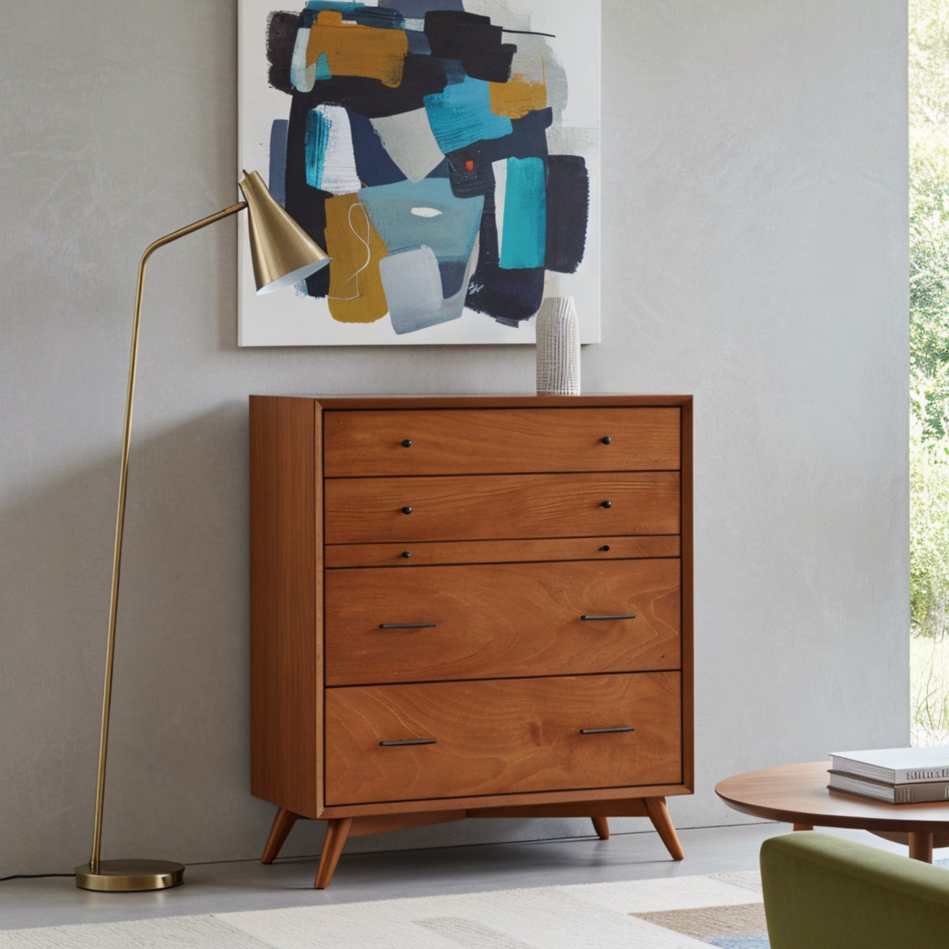 Flynn Chest in Chestnut finish with four drawers and modern design, ideal for stylish storage.