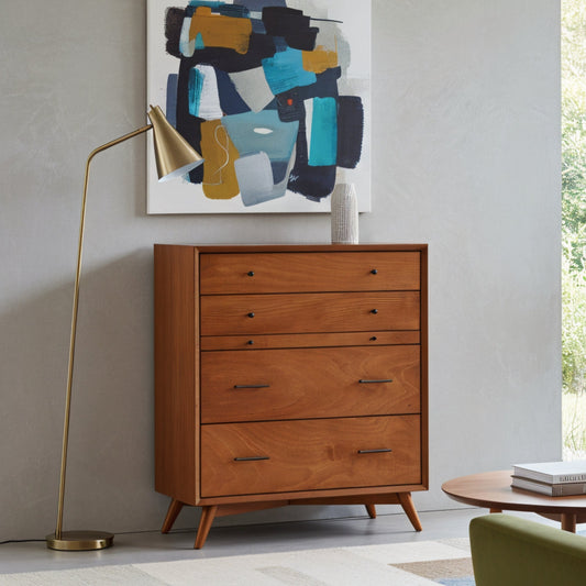 Flynn Chest in Chestnut finish with four drawers and modern design, ideal for stylish storage.