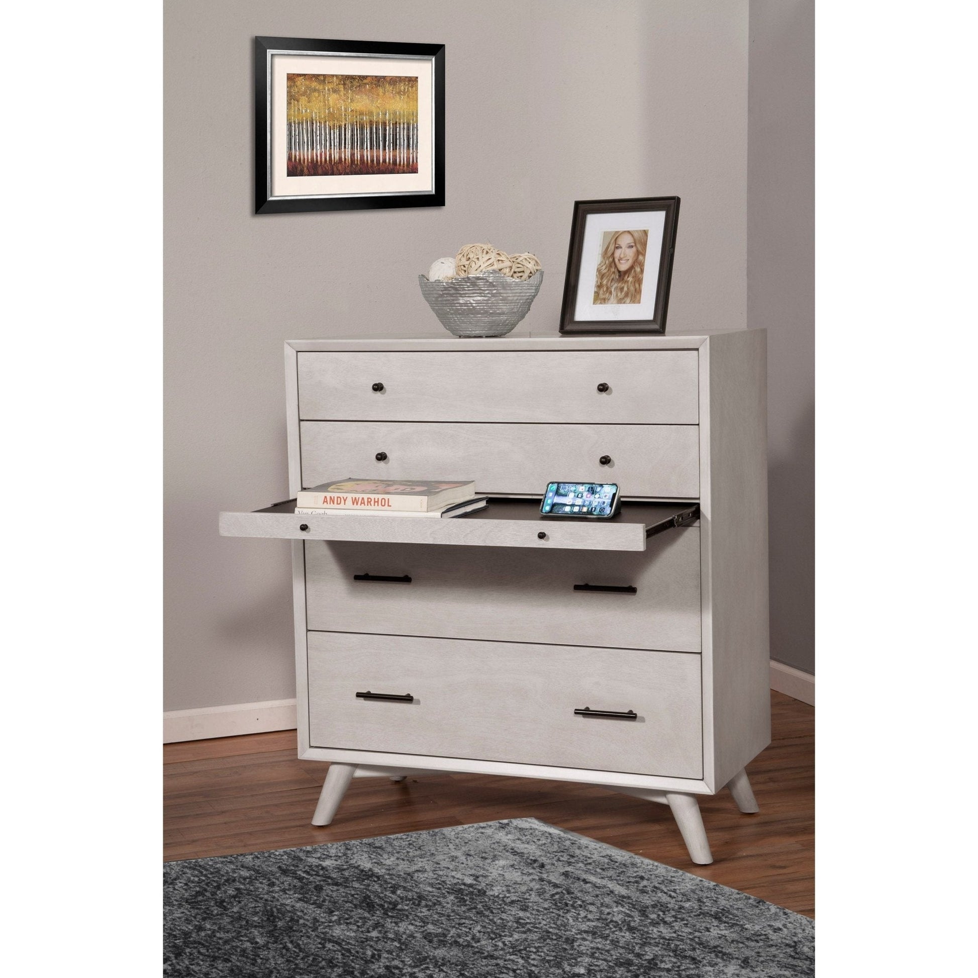 Flynn Chest in gray color with open drawer showcasing storage options and stylish design.