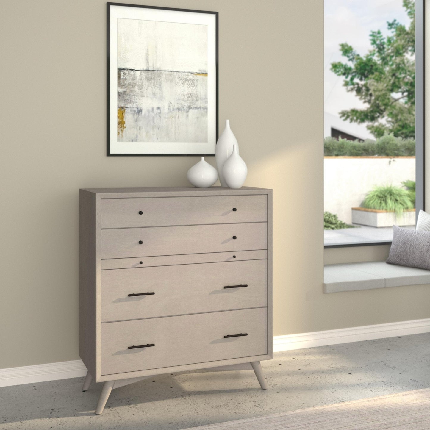 Flynn Chest in Gray, featuring four drawers and Mid-Century Modern design in a stylish living space.