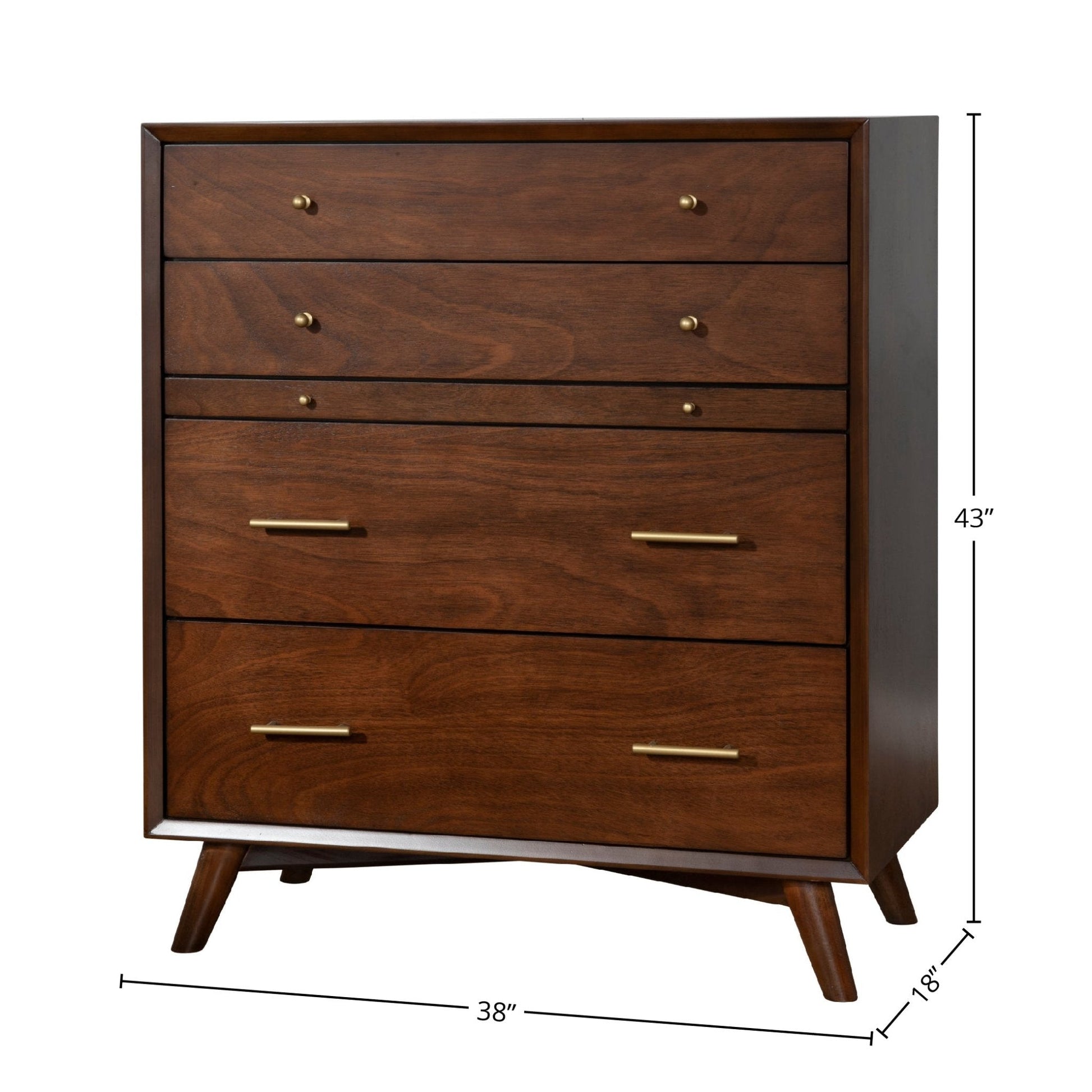 Flynn Chest, Walnut with four drawers, Mid-Century Modern design and measurements of 38x16x43 inches.