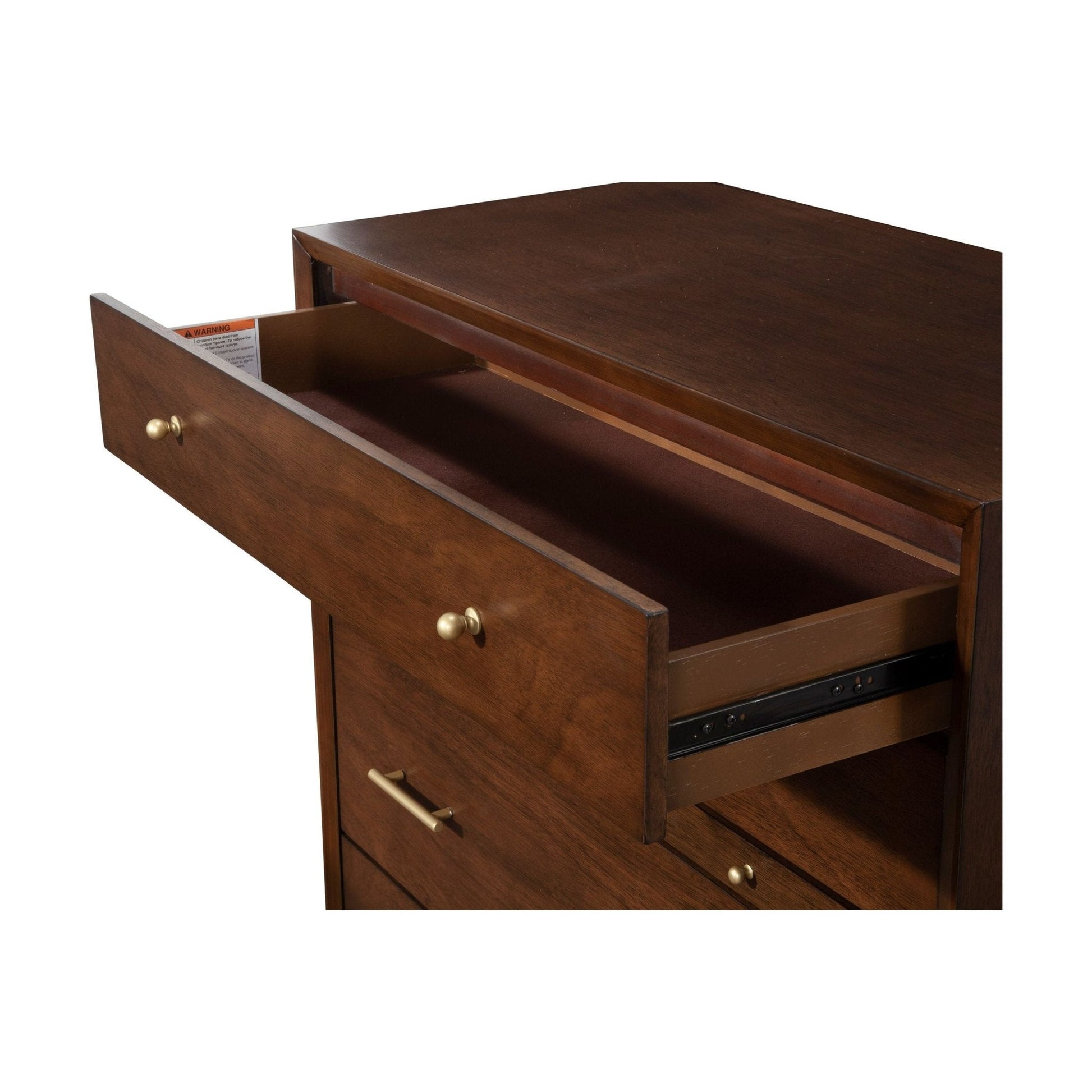 Flynn Chest in walnut finish with a drawer open, showcasing its sleek Mid-Century Modern design.