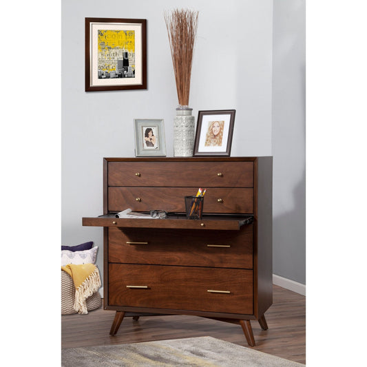 Flynn Chest, Walnut featuring a stylish design with four drawers for extra storage in a modern living space.