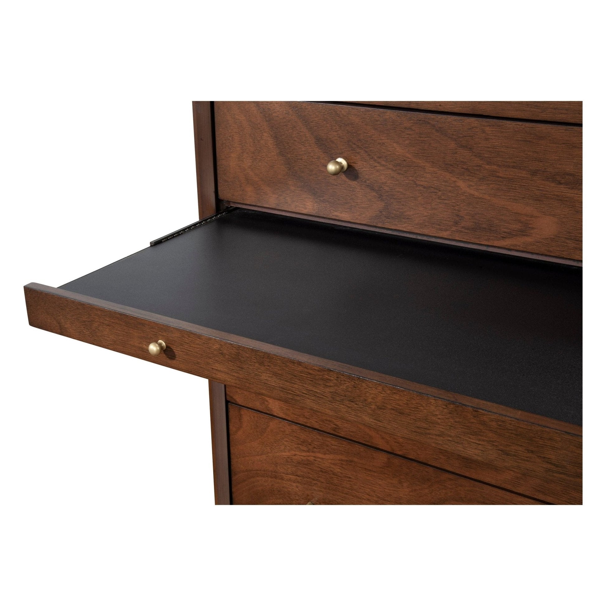 Flynn Chest, Walnut drawer detail showcasing solid Mahogany construction and brass hardware in Mid-Century Modern style.