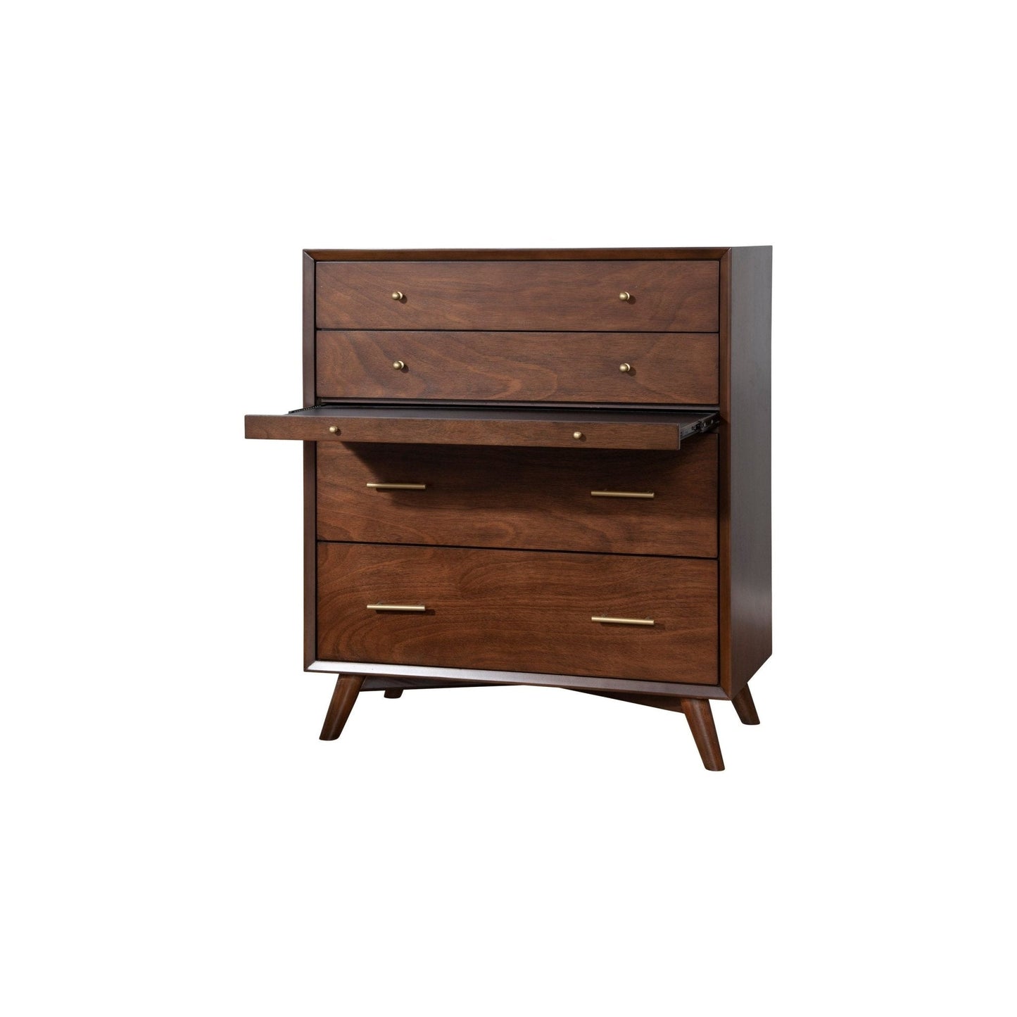 Flynn Chest in Walnut with four drawers, showcasing Mid-Century Modern design and sturdy construction.