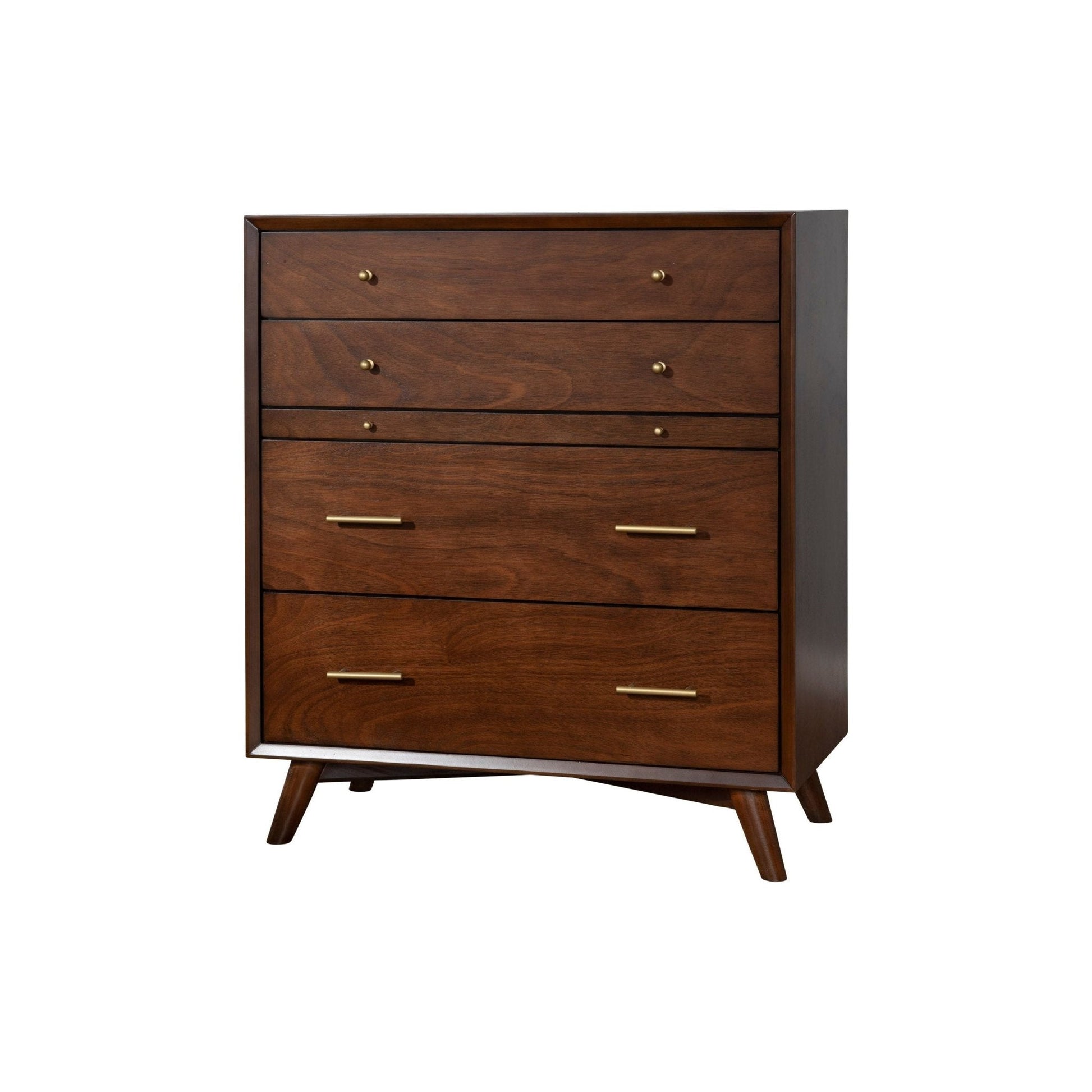 Flynn Chest, Walnut finish with four drawers in a Mid-Century Modern design.