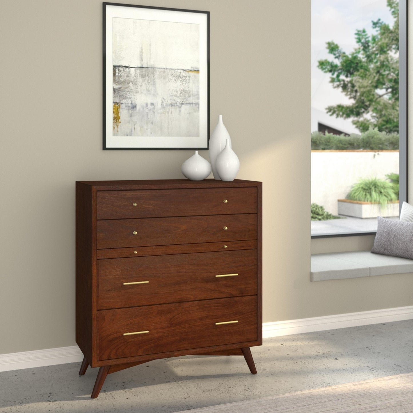 Flynn Chest in Walnut finish with four drawers, Mid-Century Modern design, displayed in contemporary living space.