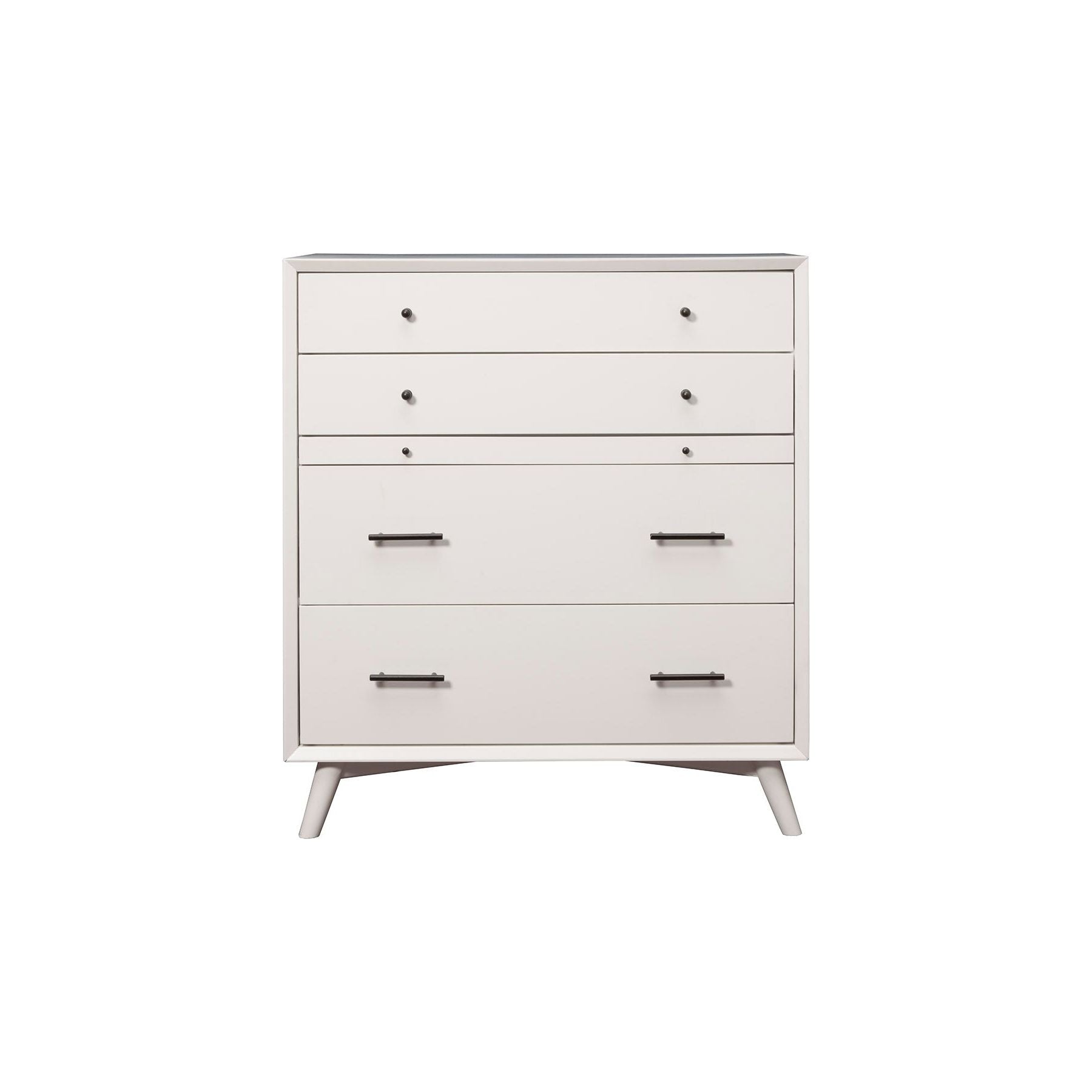 Flynn Chest in white finish, showcasing spacious drawers and sleek Mid-Century Modern design.