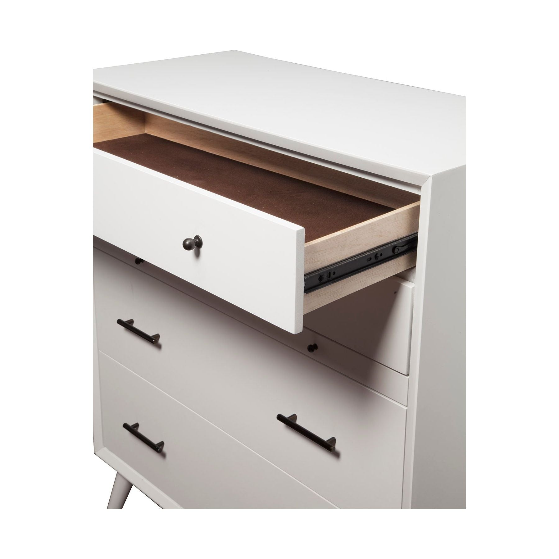 Flynn Chest, White drawer detail showcasing spacious storage in a Mid-Century Modern design