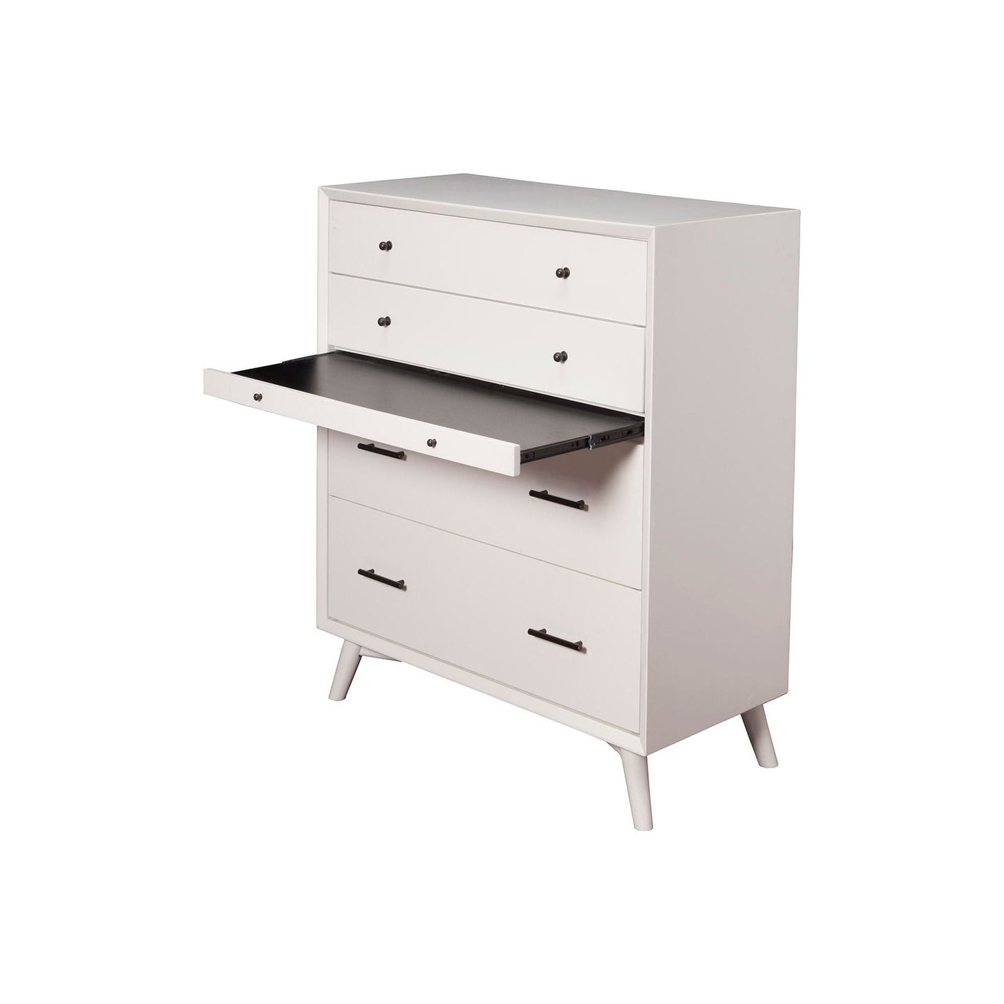 Flynn Chest in white with open drawer showcasing spacious storage and Mid-Century Modern design.