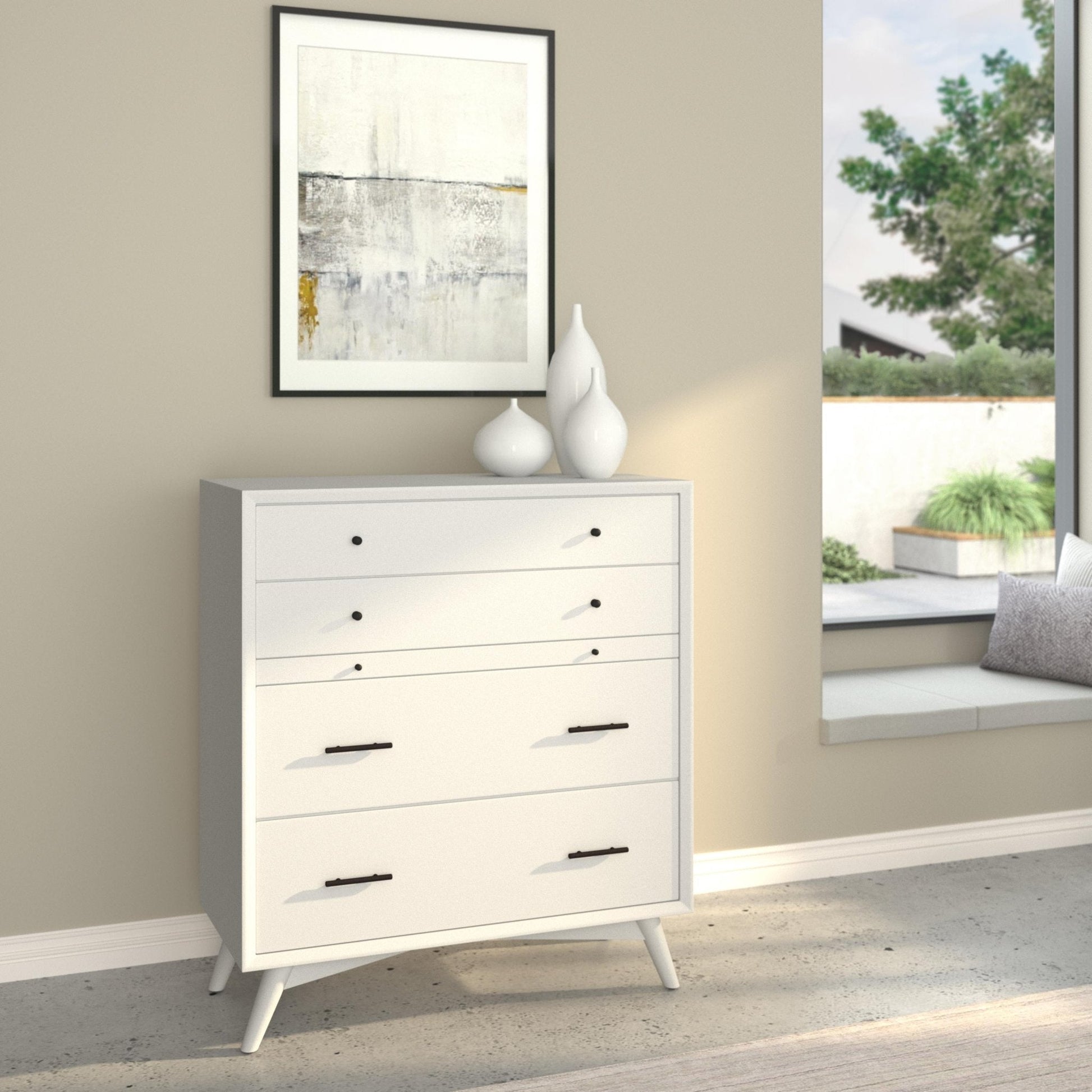 Flynn Chest, White, featuring Mid-Century Modern design with sturdy Mahogany construction and spacious storage.