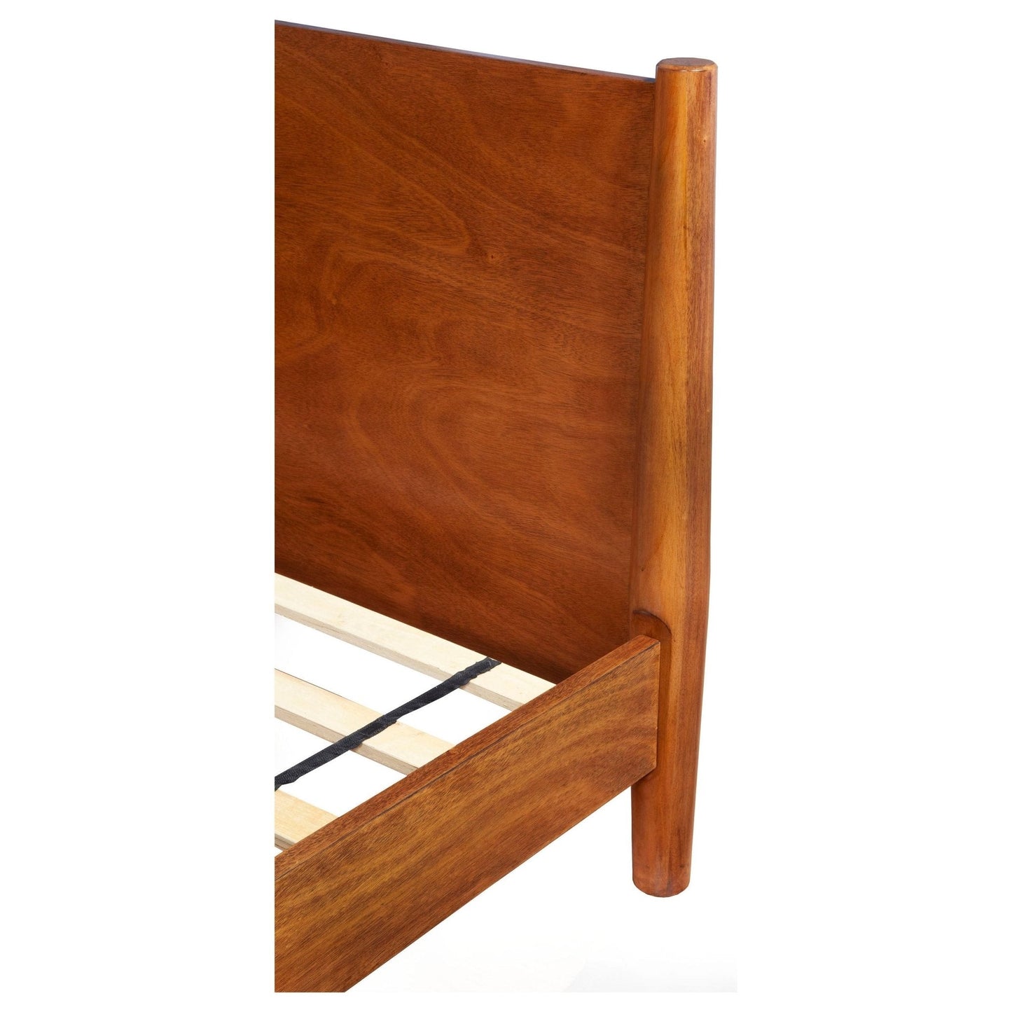 Flynn Day Bed headboard detail in chestnut finish, showcasing Mid-Century Modern design and solid Mahogany construction.