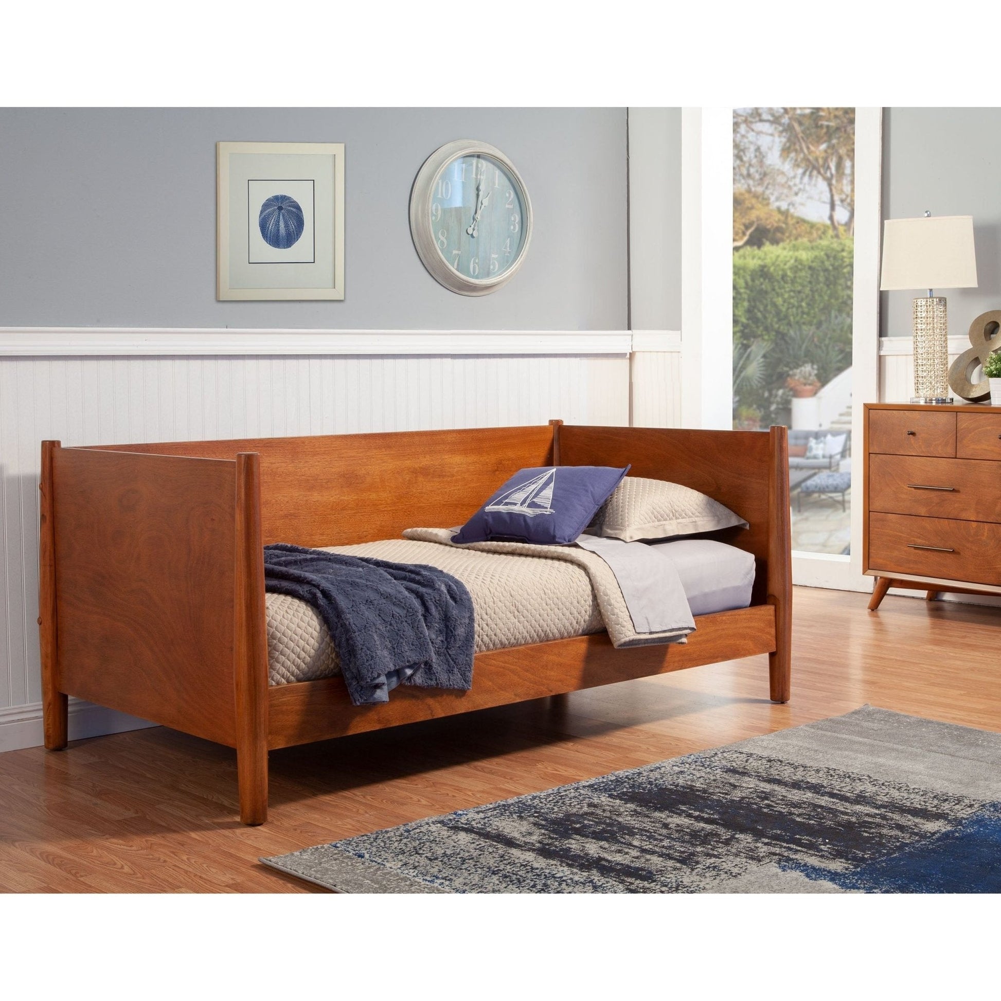 Flynn Day Bed in chestnut finish, featuring Mid-Century Modern design and stylish storage solutions.