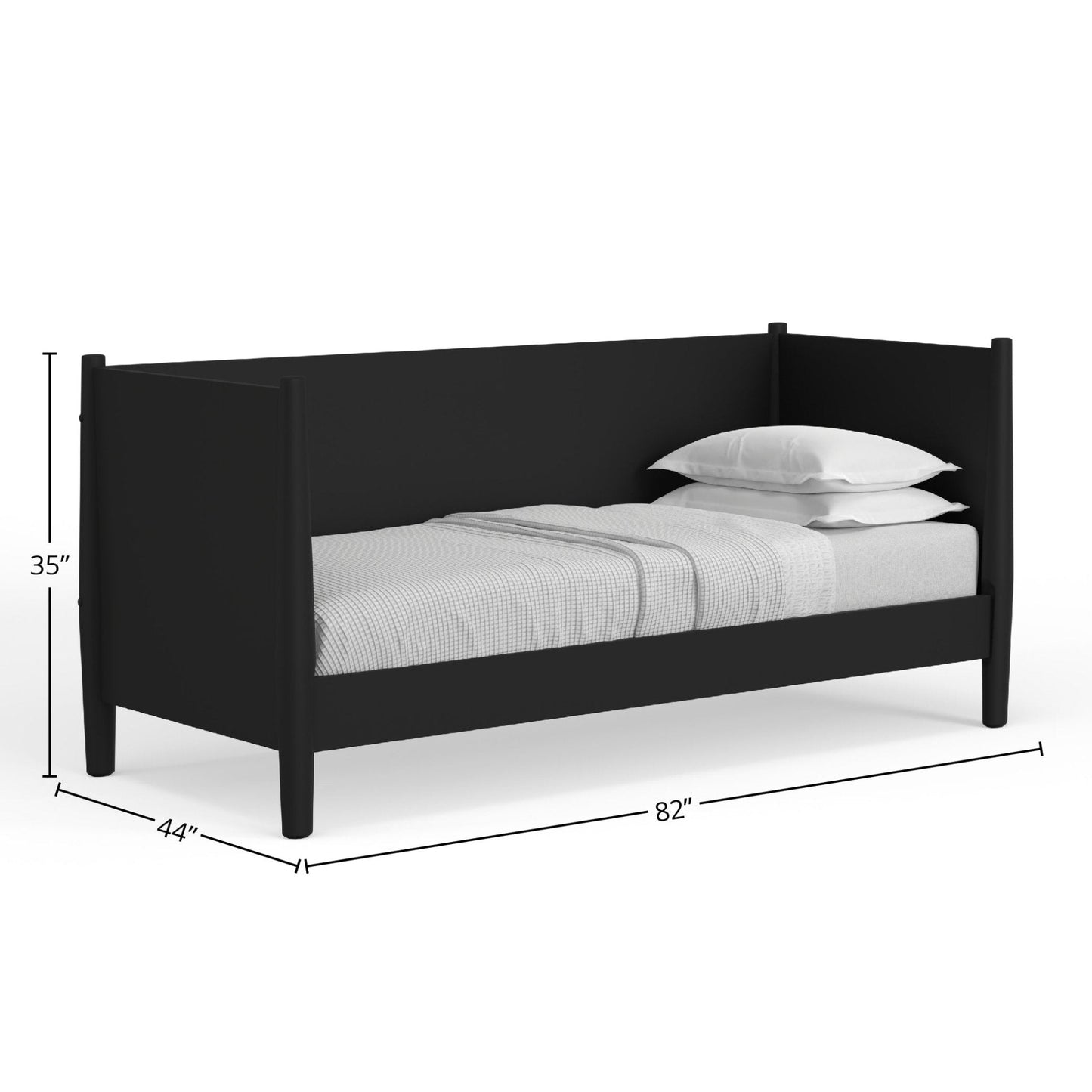 Flynn Day Bed in black, showcasing classic Mid-Century Modern design, dimensions 82"L x 44"W x 35"H.