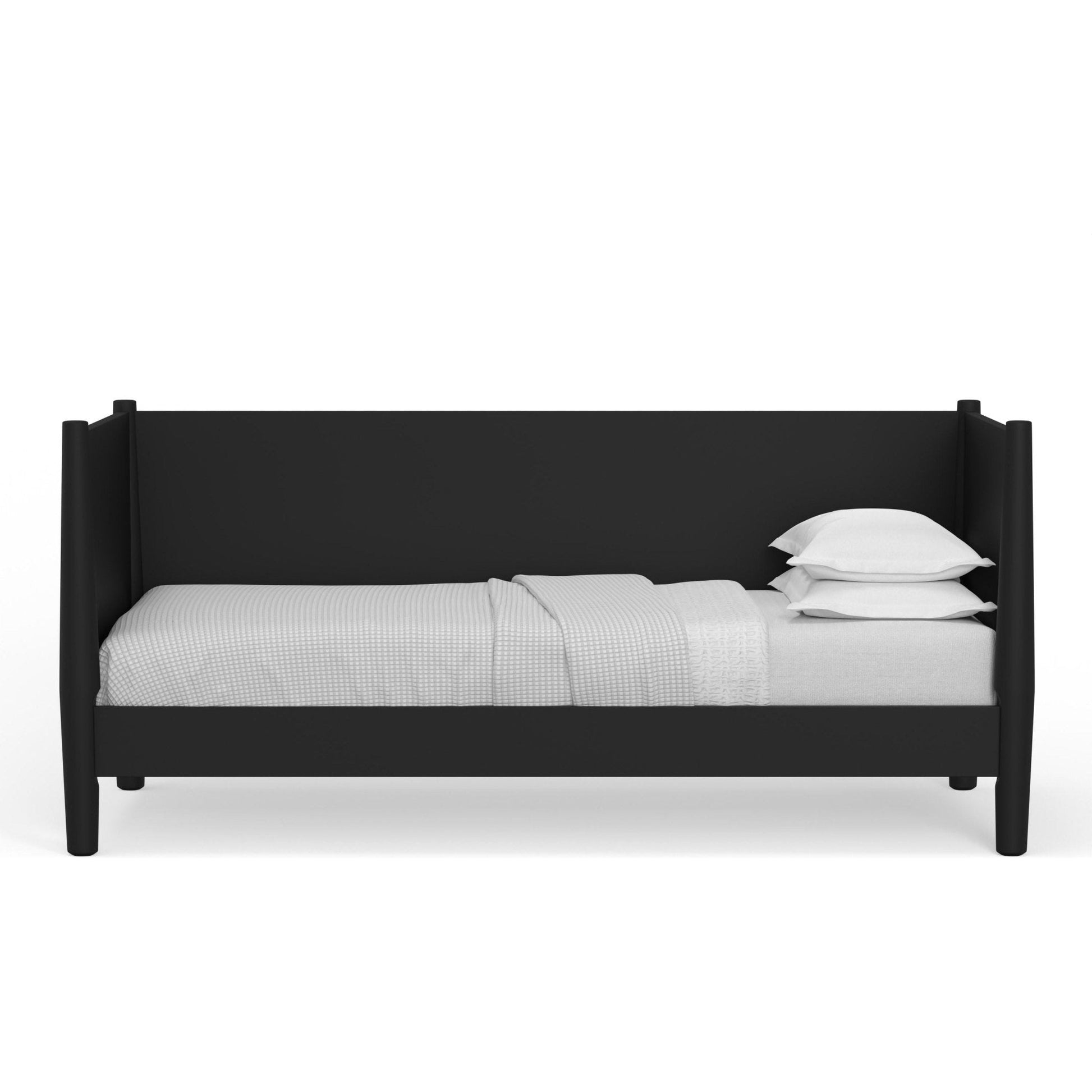 Flynn Day Bed in black with gray bedding and pillows, featuring Mid-Century Modern design.
