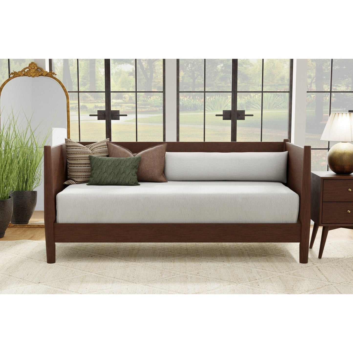 Flynn Day Bed, Walnut in a stylish setting with decorative pillows and natural lighting.