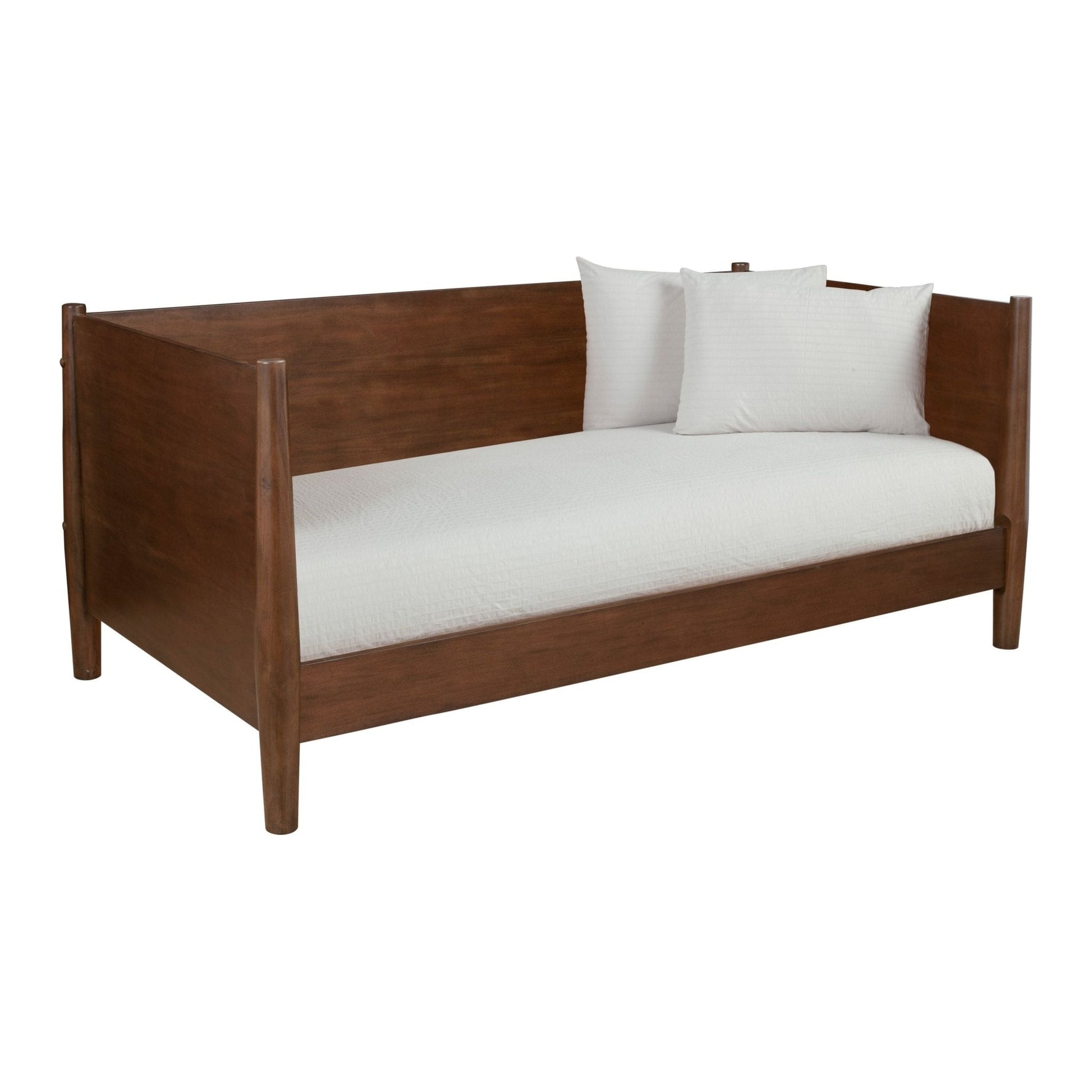 Flynn Day Bed in walnut finish with white bedding and pillows, showcasing Mid-Century Modern design.