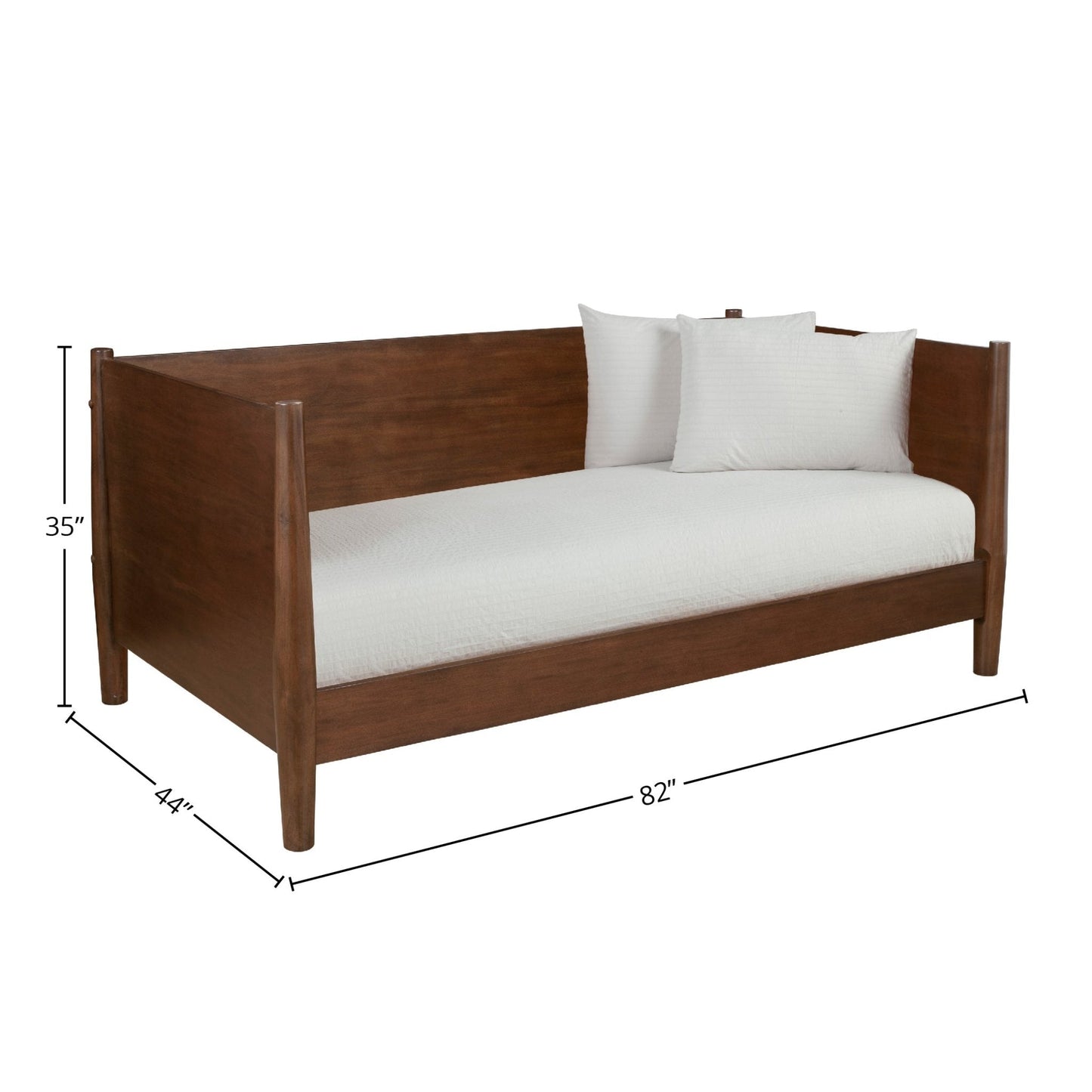 Flynn Day Bed in Walnut finish with plush cushions and a modern design, showcasing exact dimensions of 35" height, 44" width, and 82" length.