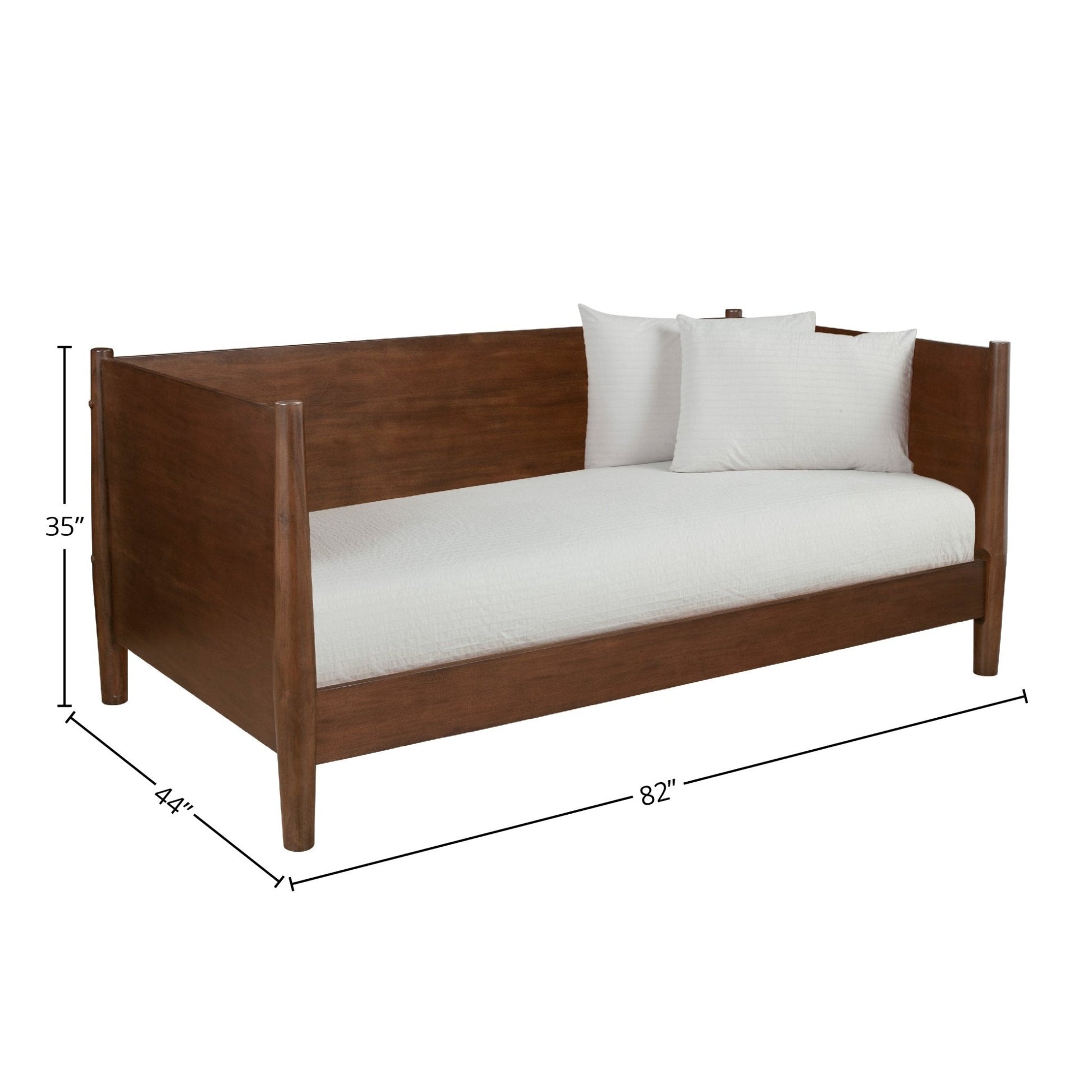 Flynn Day Bed in Walnut finish with plush cushions and a modern design, showcasing exact dimensions of 35" height, 44" width, and 82" length.