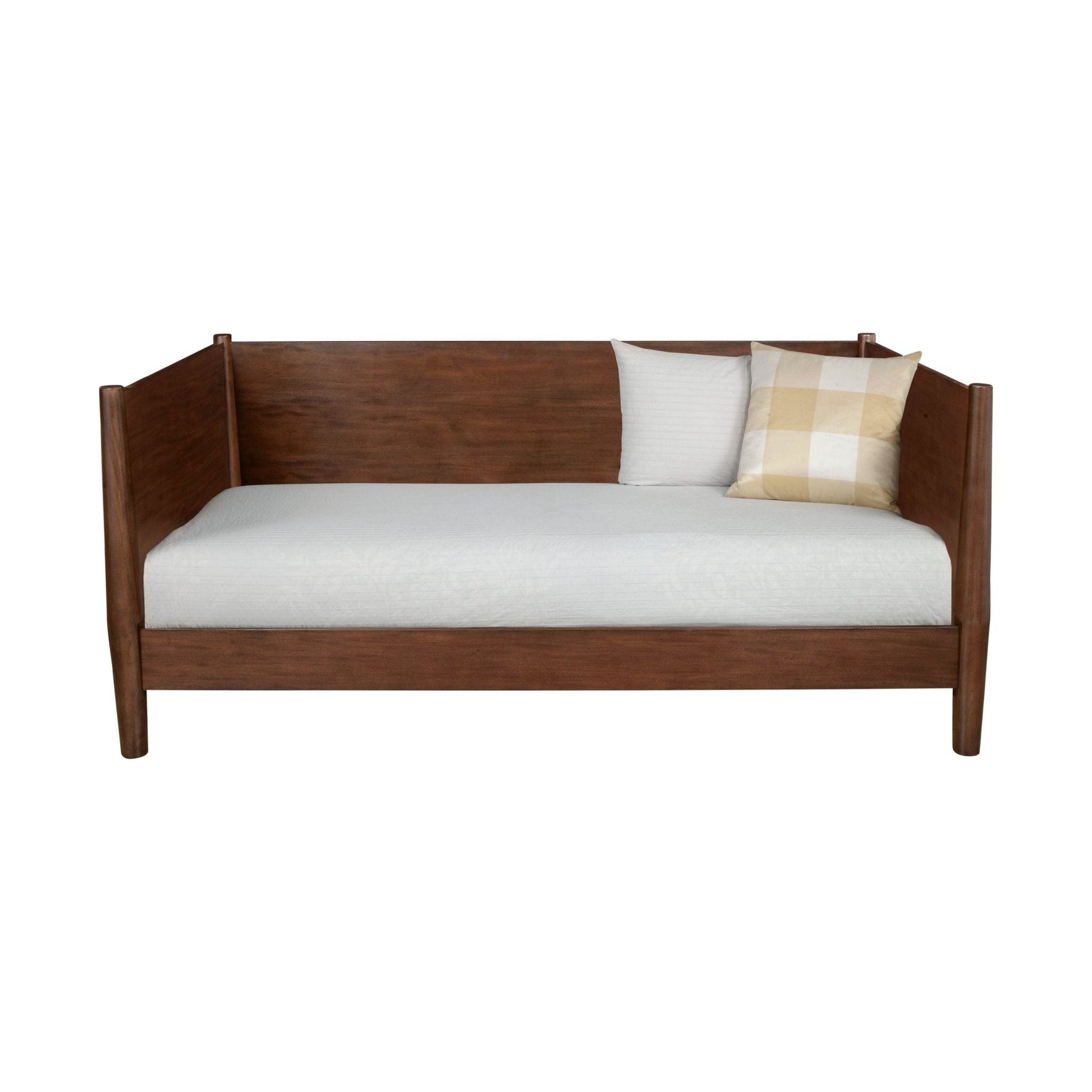 Flynn Day Bed in walnut finish featuring soft cushions and a contemporary design.