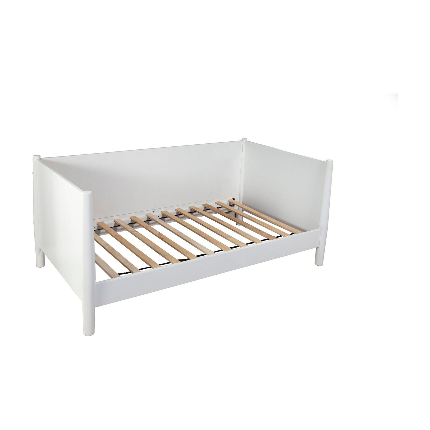 Flynn Day Bed in white featuring sturdy Mahogany frame and slatted base for lasting comfort and style.